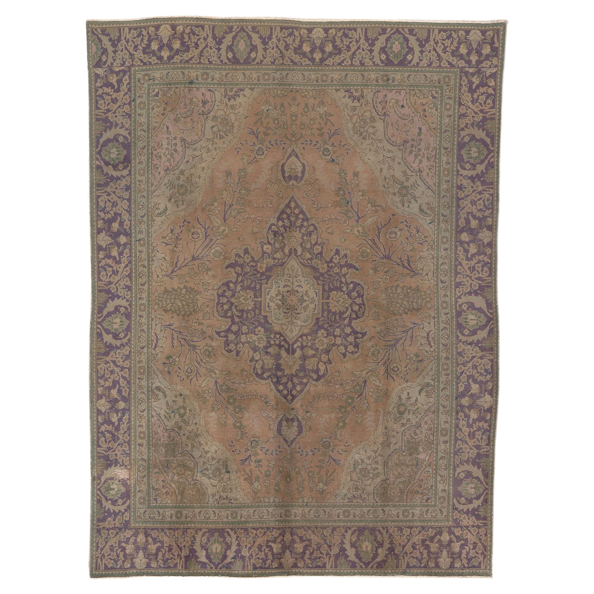 Antique Persian Tabriz Rug, Bridgerton Meets the Softer Side of Maximalism For Sale