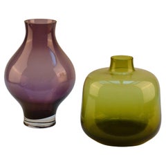 Lila und olivgrüne mundgeblasene Vasen von Leerdam 1960er Jahre