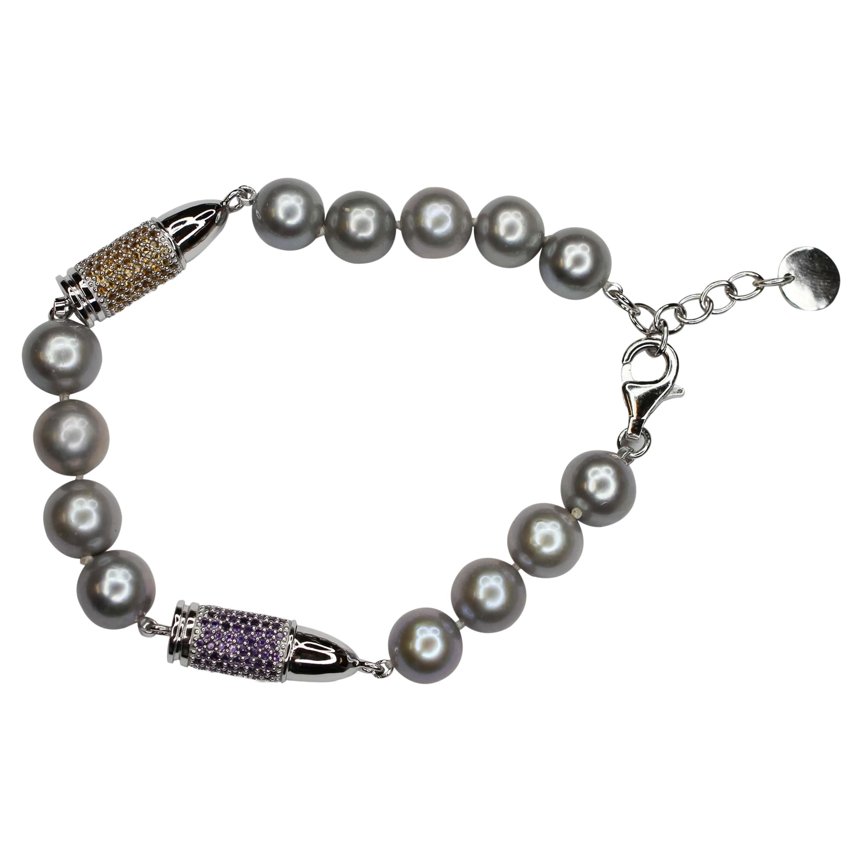 Bracelet en argent sterling avec améthyste violette, citrine orange et perle de rocaille