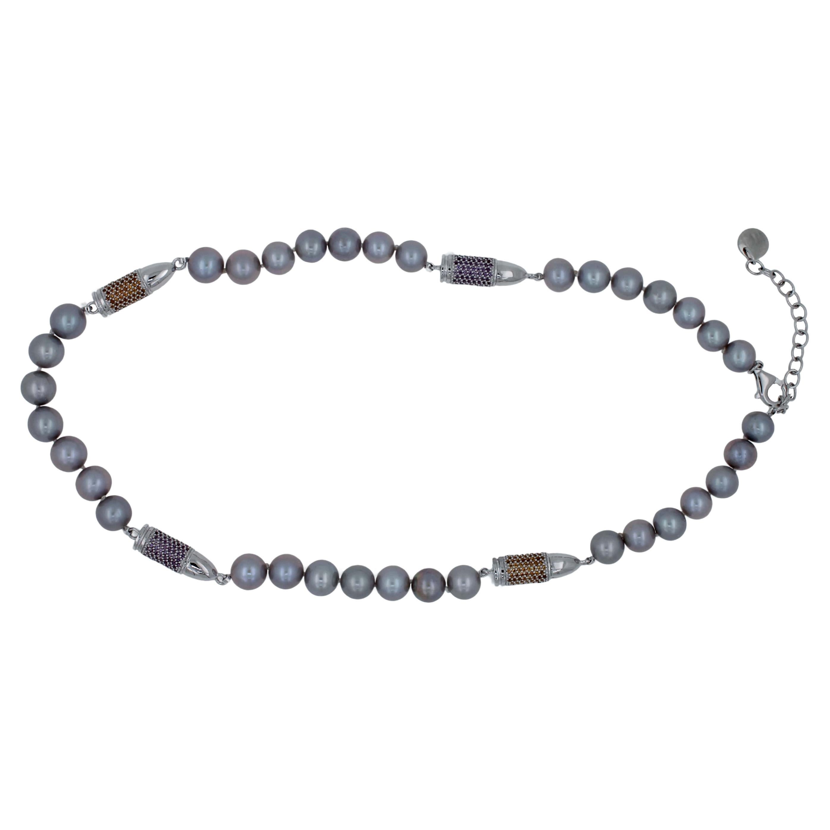 Purple Amethyst Orange Citrine Pave Set Bullet Rocket Grey Pearl Silver Necklace 
*Genuine Purple Amethyst & Citrines Gemstones 5.00 CTW Natural
* Natural Silver Pearls
* 925 Sterling Silver & White Rhodium Plating
* 18 to 20 Inches Adjustable