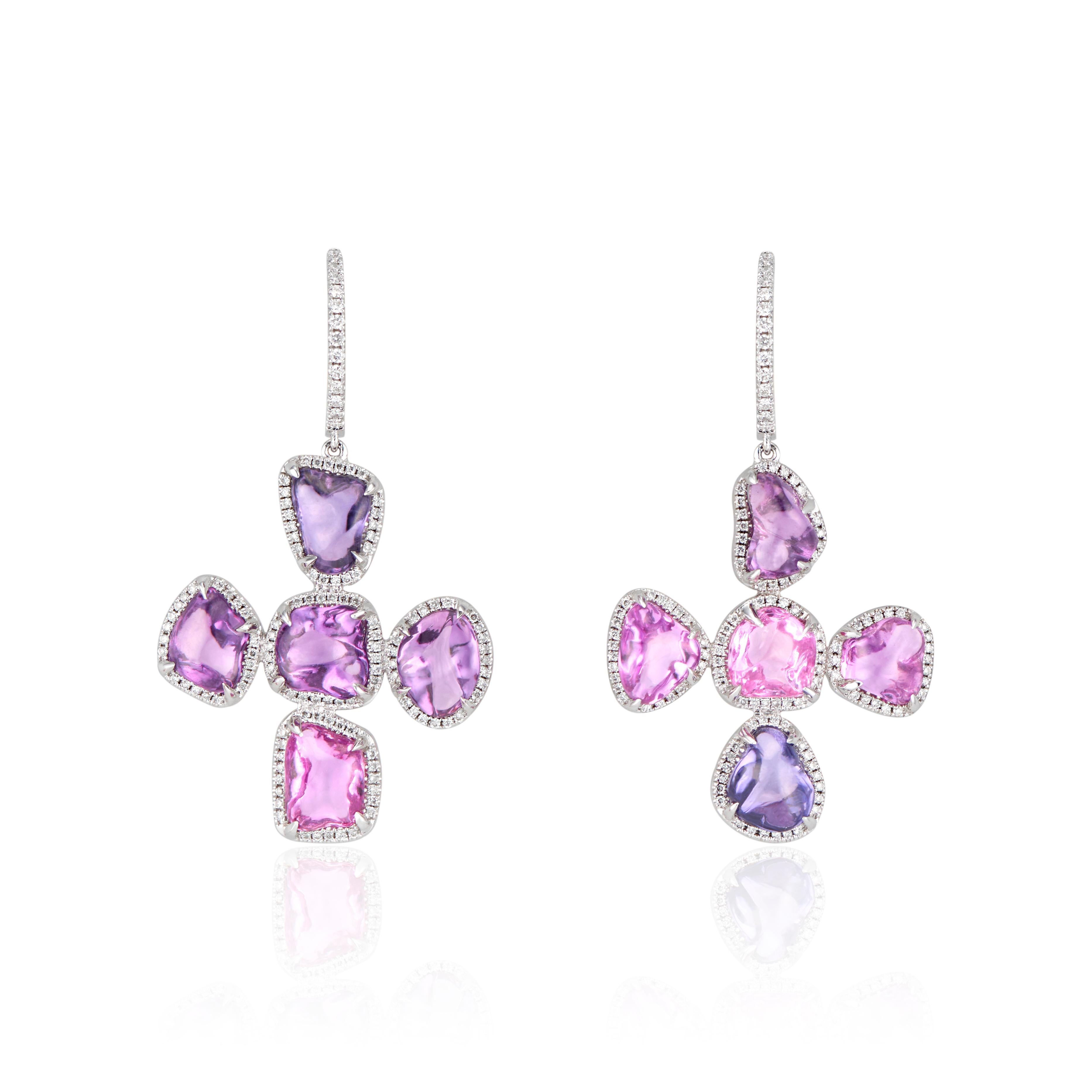 Spectacular no-heat pink and purple sapphires of 15.06 ctw and 0.38 ctw diamonds set in 18k white gold.