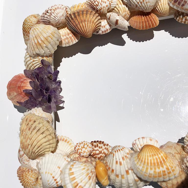 Late 20th Century 5 x 7 Shell Photo Frame with pink purple and white sea shells and gem stones 