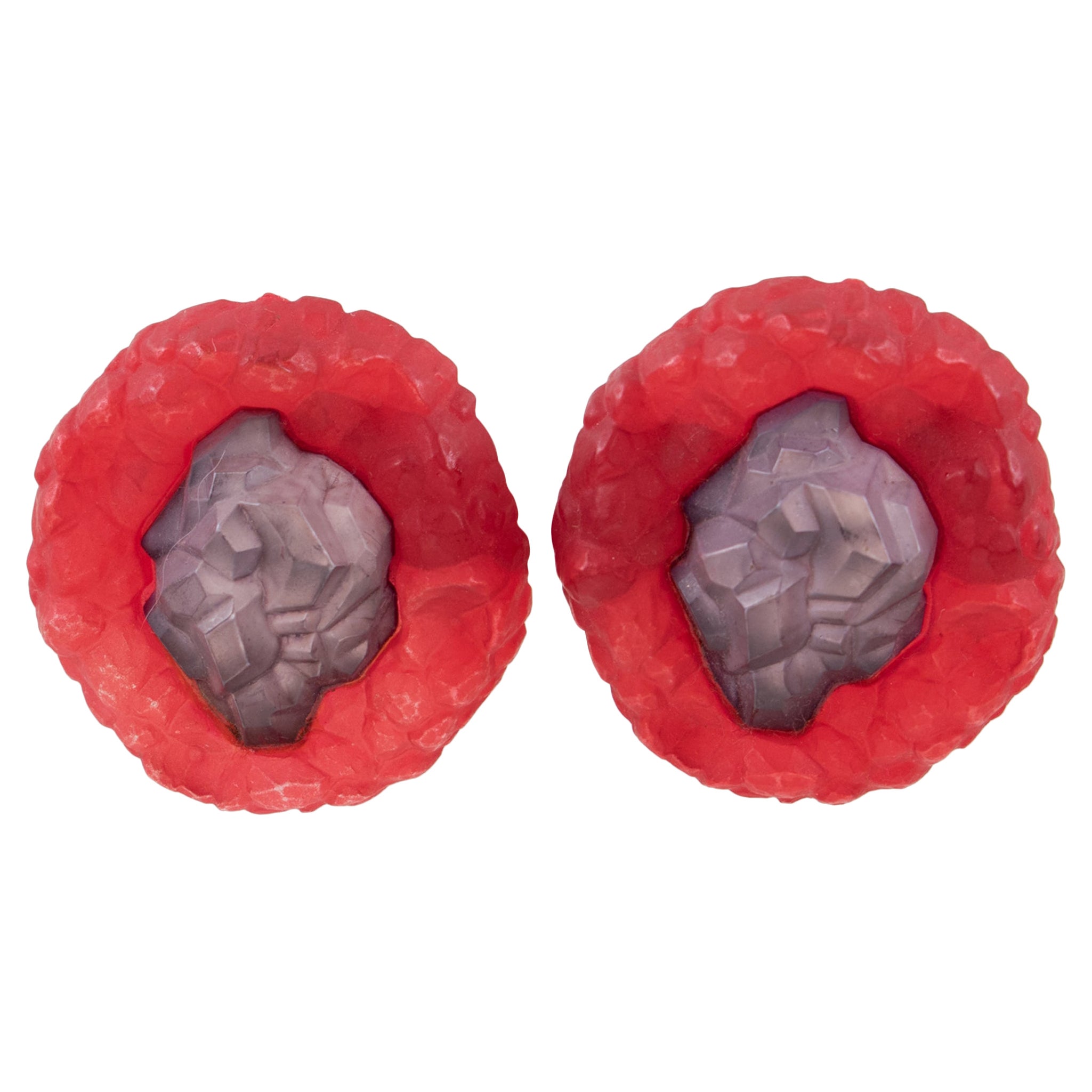 Purple and Ruby Red Rock-Shaped Resin Clip Earrings