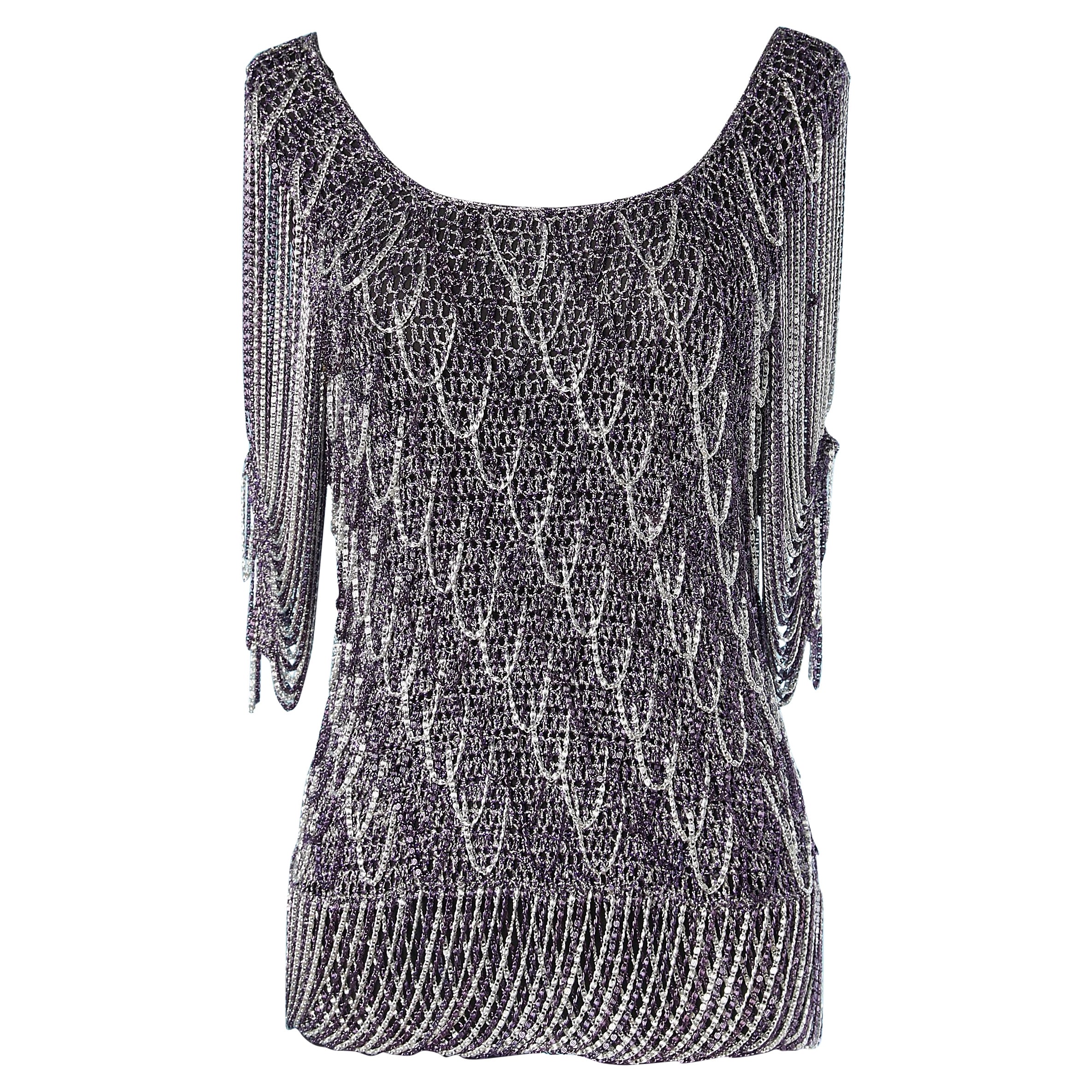 Purple and silver knit and chain sweater Loris Azzaro 1970's