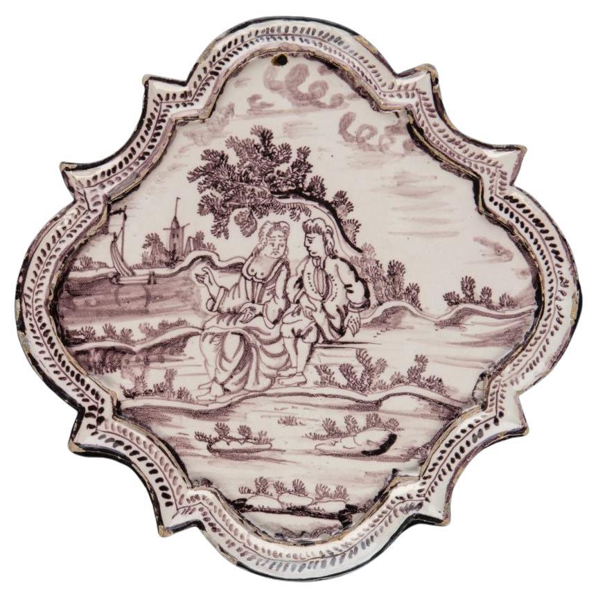Dutch ceramic Purple and White Plaque with Figures in a Landscape, Utrecht 1760 For Sale