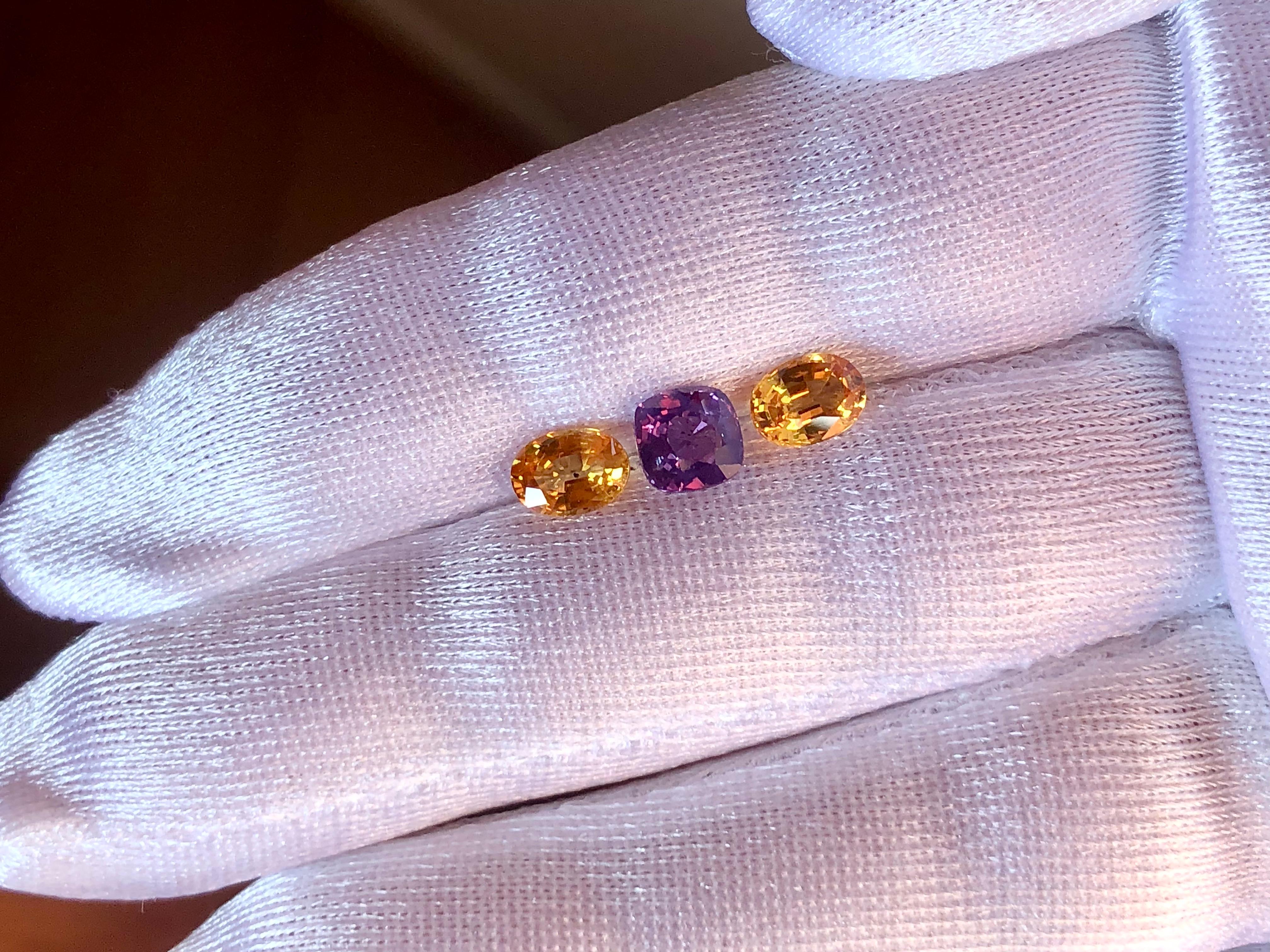 Women's or Men's Purple and Yellow Ceylon Sapphires 3.66 Carat Three Stone For Sale