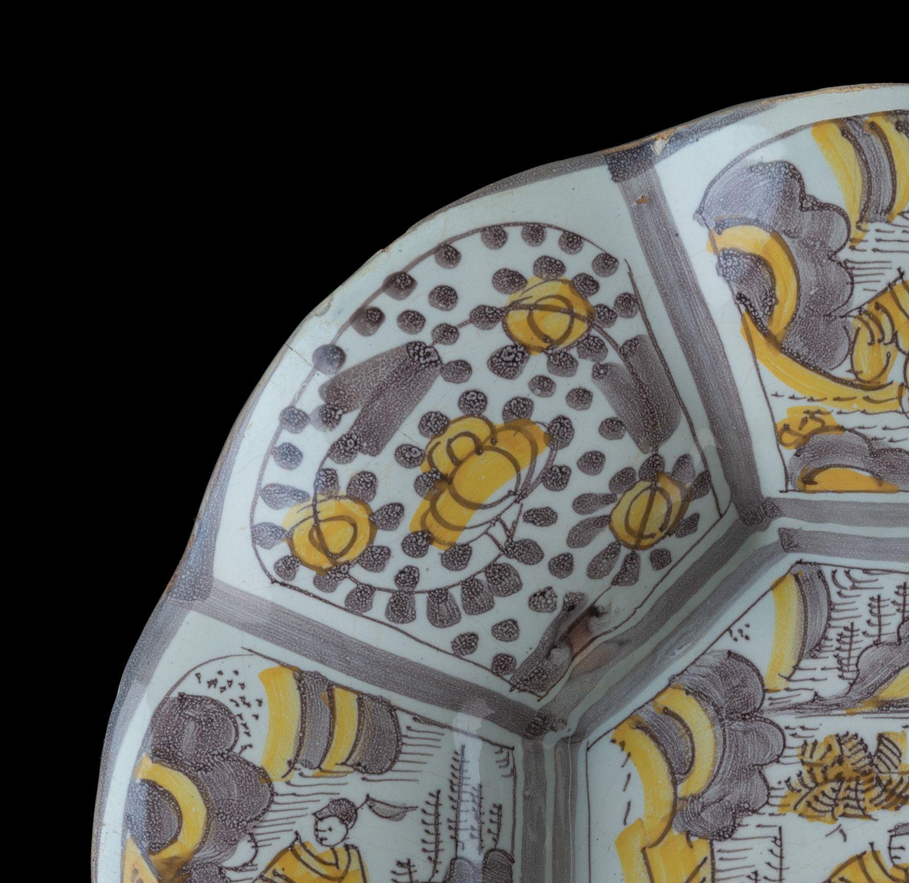Baroque Purple and Yellow Chinoiserie Lobed Dish. Delft, 1680-1690 For Sale
