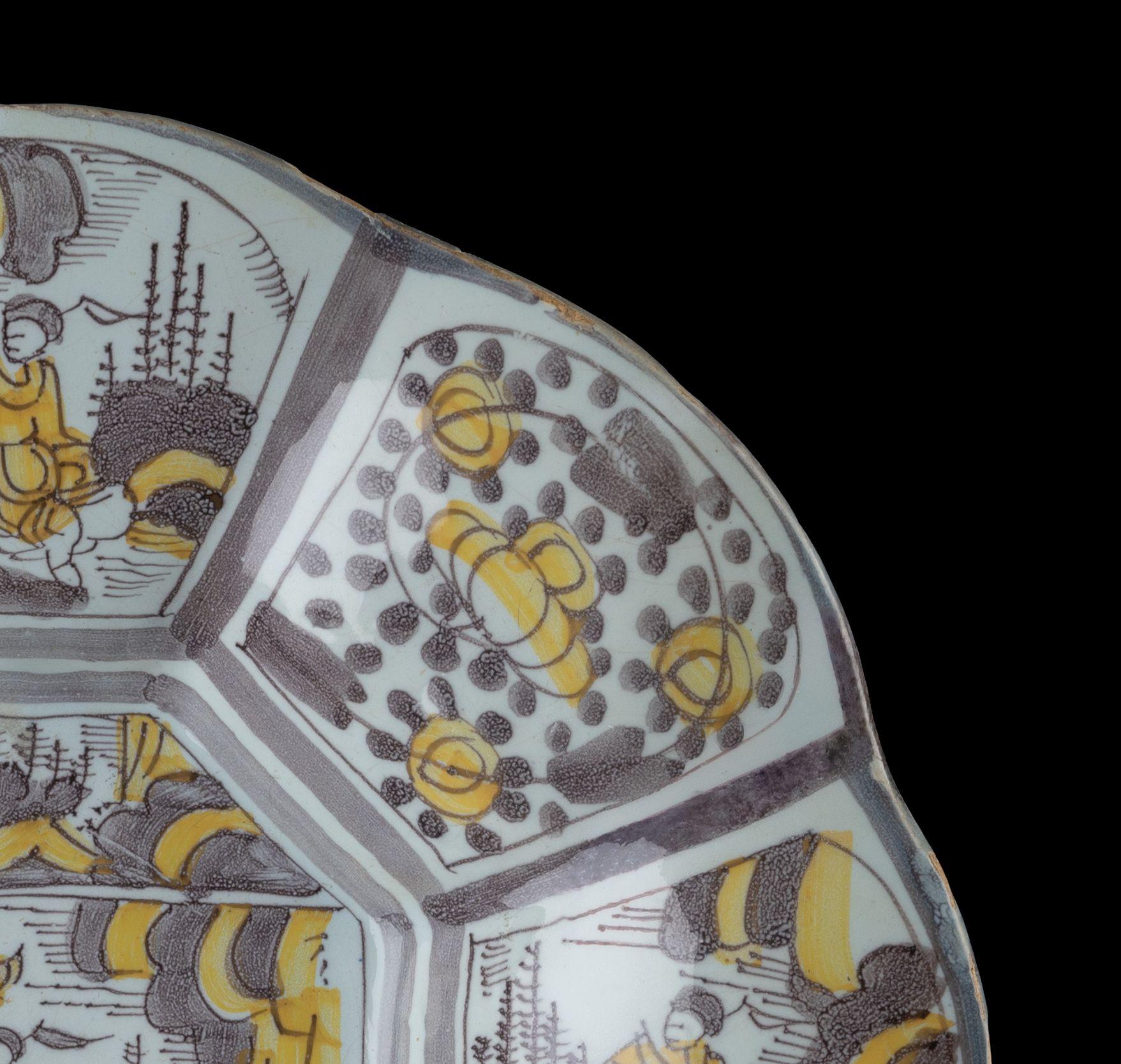 Dutch Purple and Yellow Chinoiserie Lobed Dish. Delft, 1680-1690 For Sale