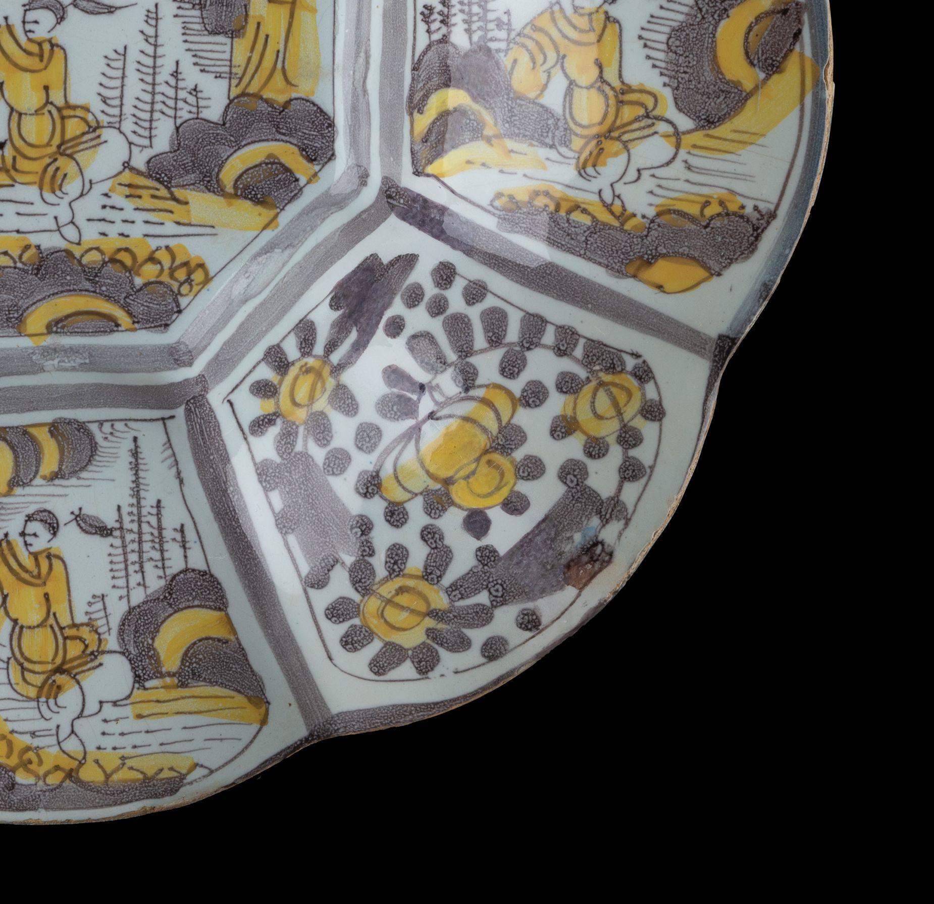 Glazed Purple and Yellow Chinoiserie Lobed Dish. Delft, 1680-1690 For Sale