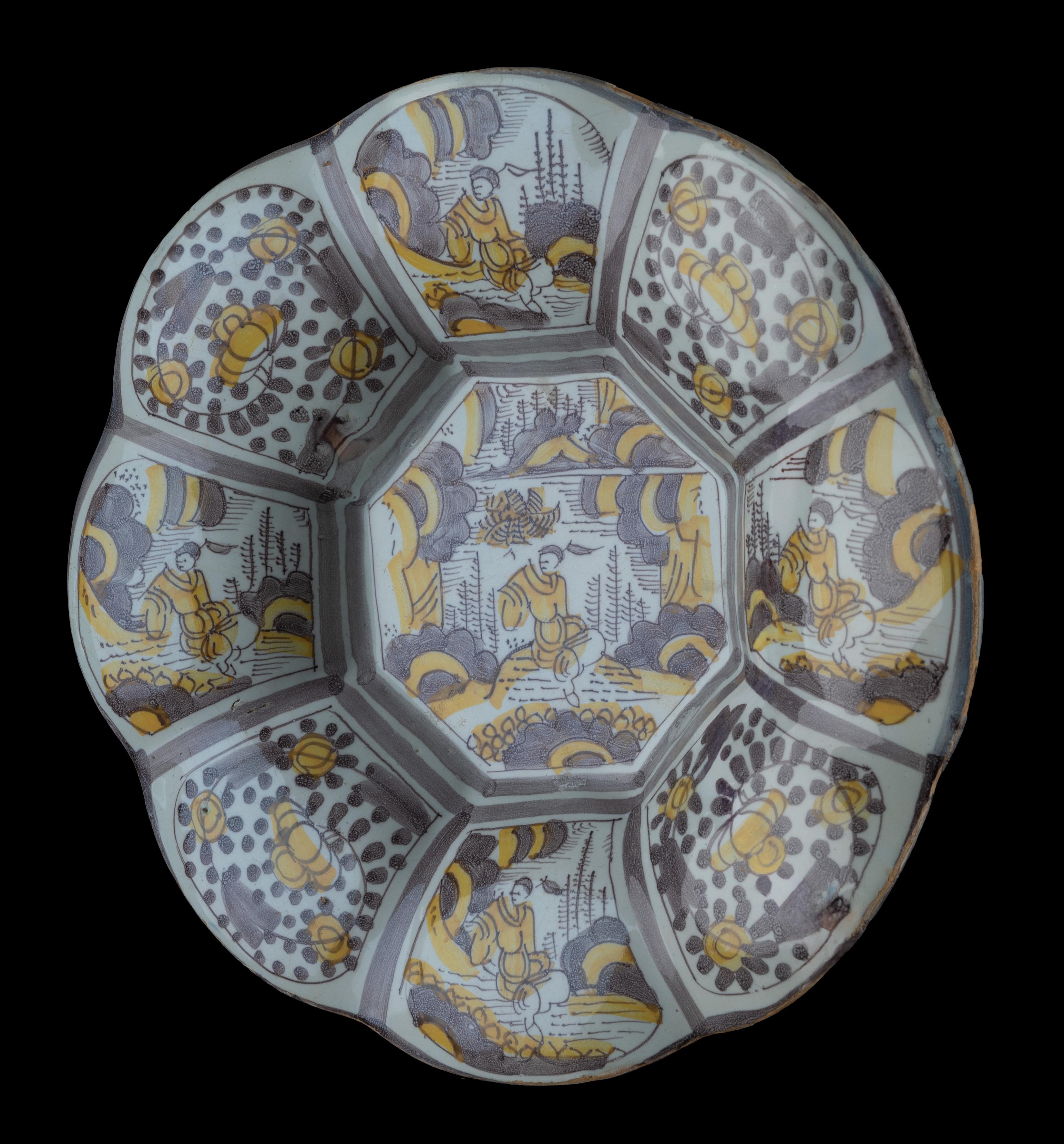 Ceramic Purple and Yellow Chinoiserie Lobed Dish. Delft, 1680-1690 For Sale