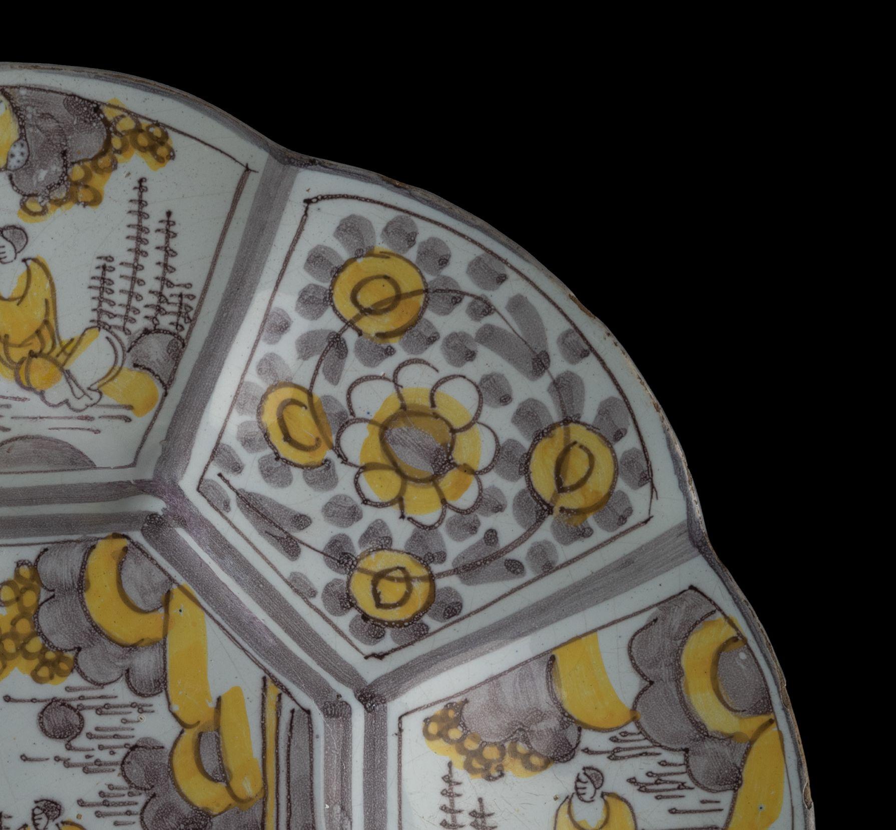 Glazed Purple and Yellow Chinoiserie Lobed Dish, Delft, 1680-1700 For Sale
