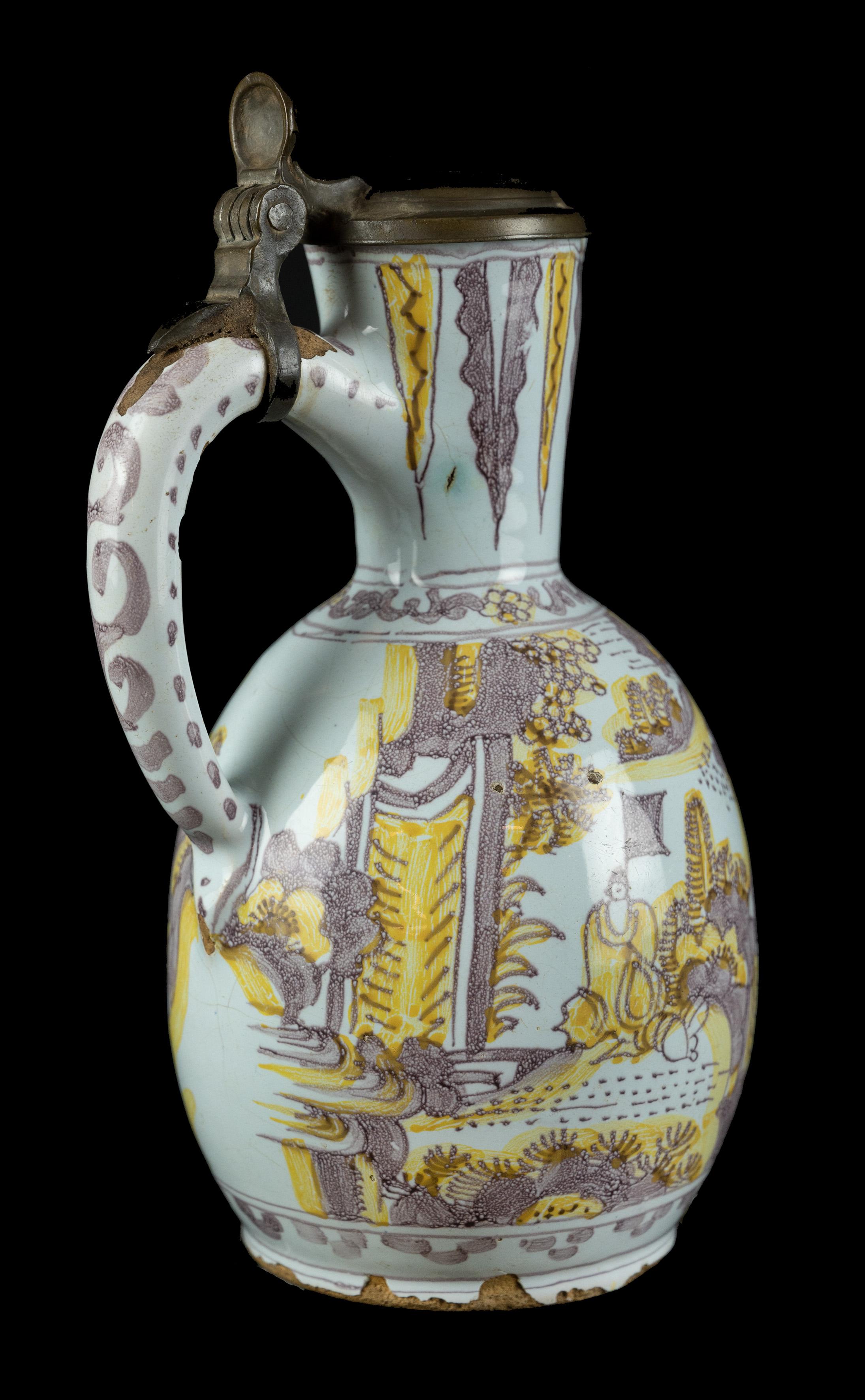 Dutch Purple and Yellow Chinoiserie Wine Jug, Delft, circa 1680 For Sale