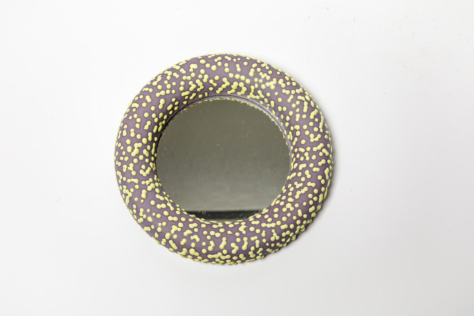 French Purple and yellow glazed ceramic mirror by Mia Jensen, 2023. For Sale