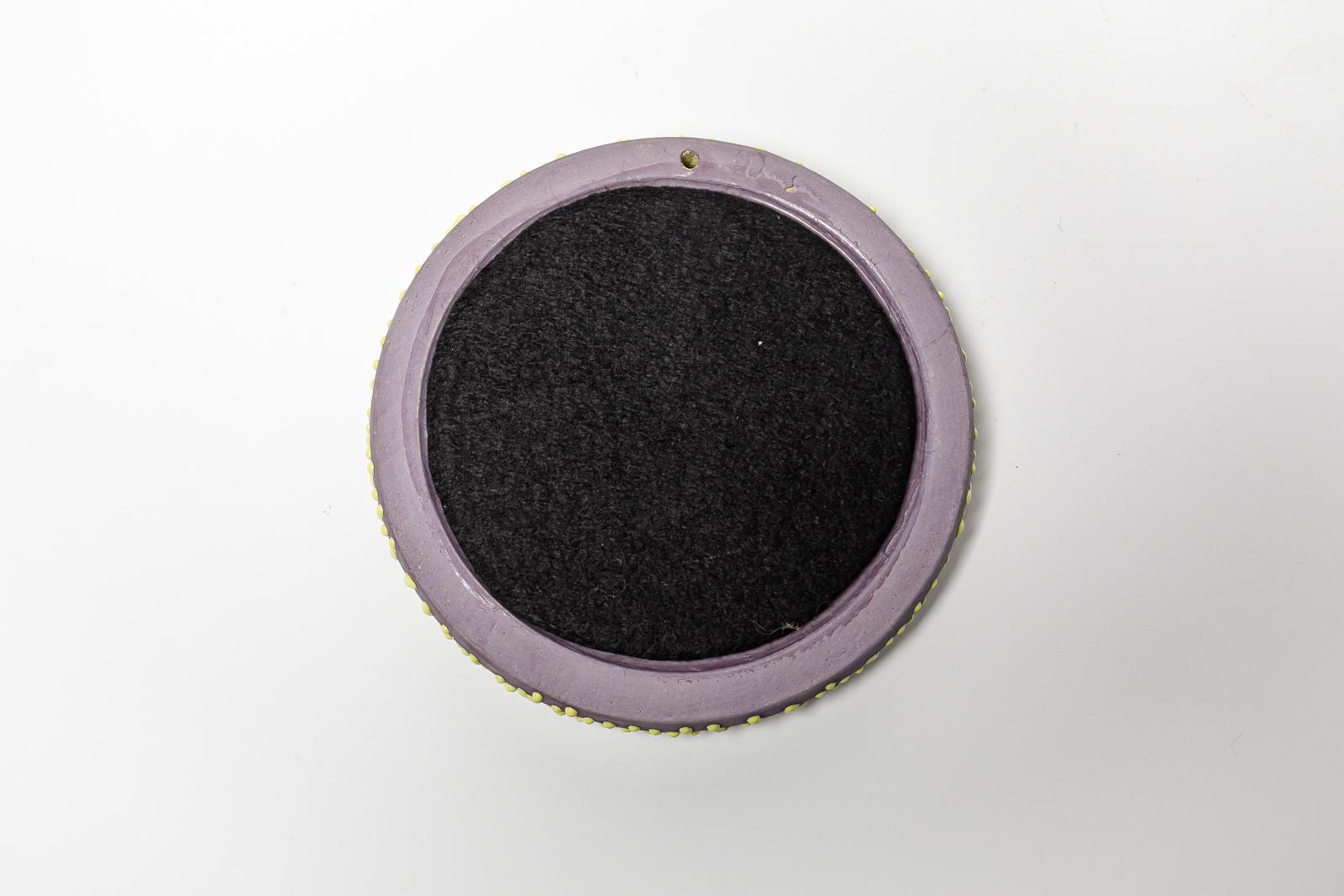 Purple and yellow glazed ceramic mirror by Mia Jensen, 2023. In Excellent Condition For Sale In Saint-Ouen, FR