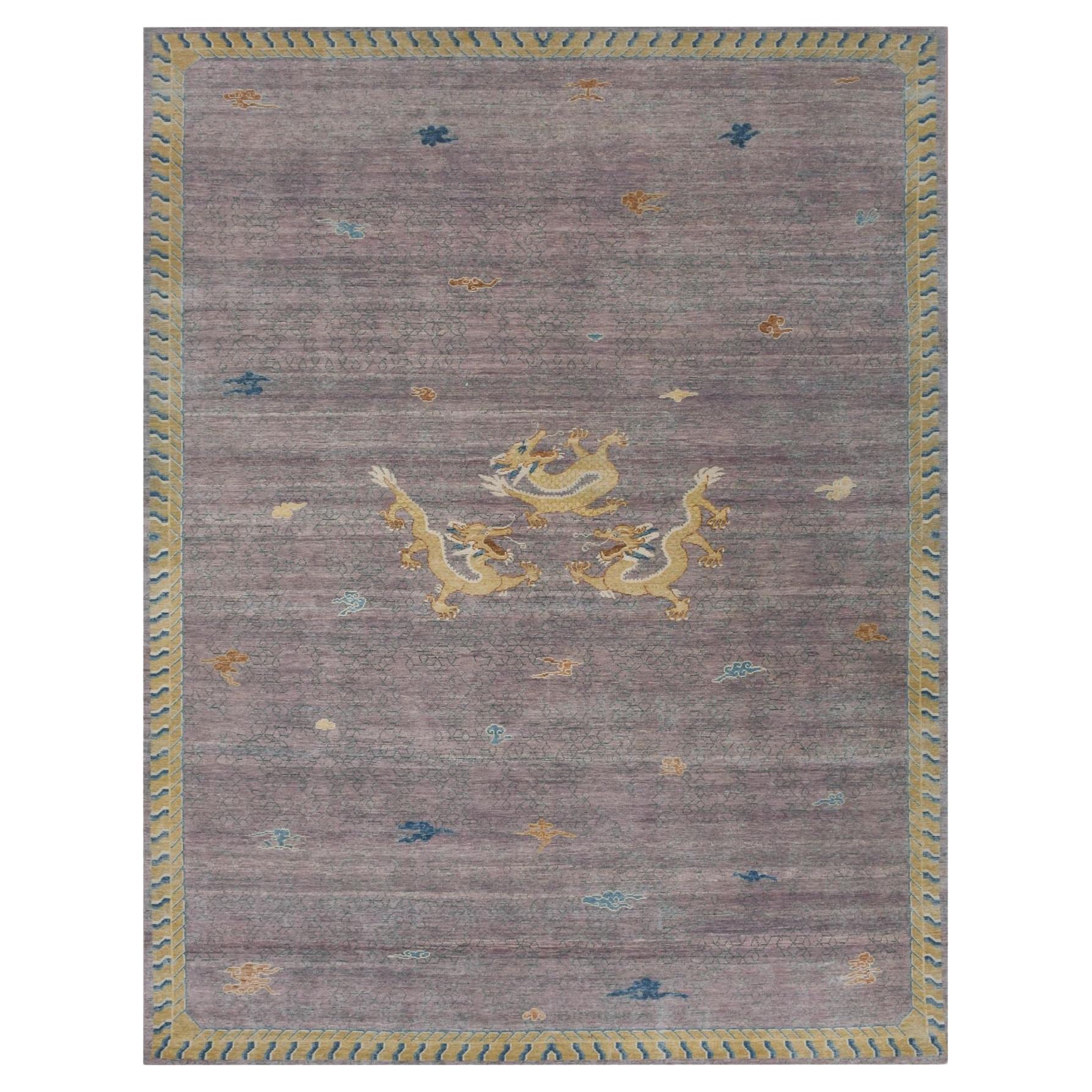 Purple Antique Chinese Inspired Dragon Design Wool Hand Knotted Rug 9'x12'1" For Sale