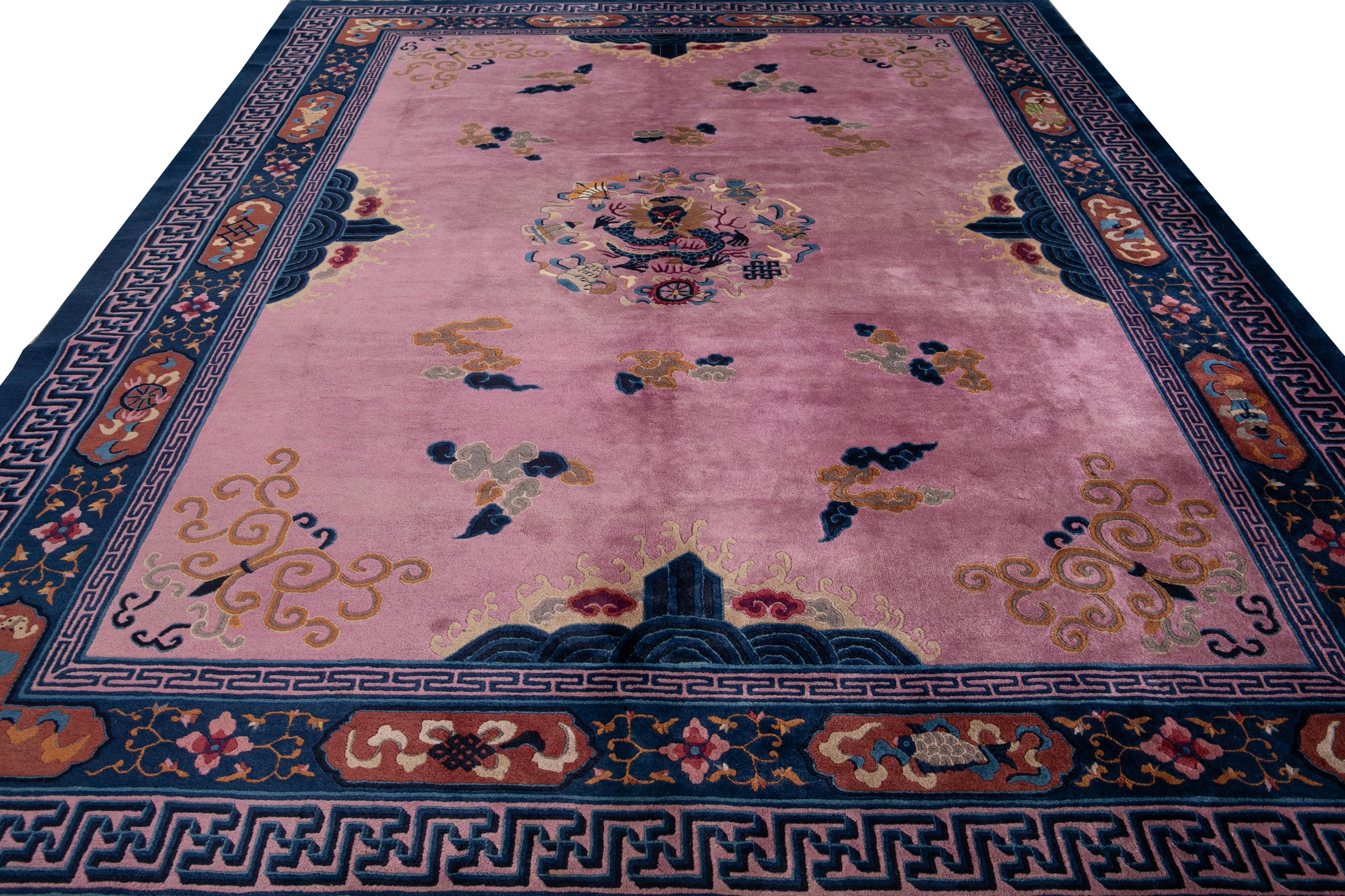 Chinese Export Purple Antique Unique Beijing Dragon Handmade Wool Rug For Sale