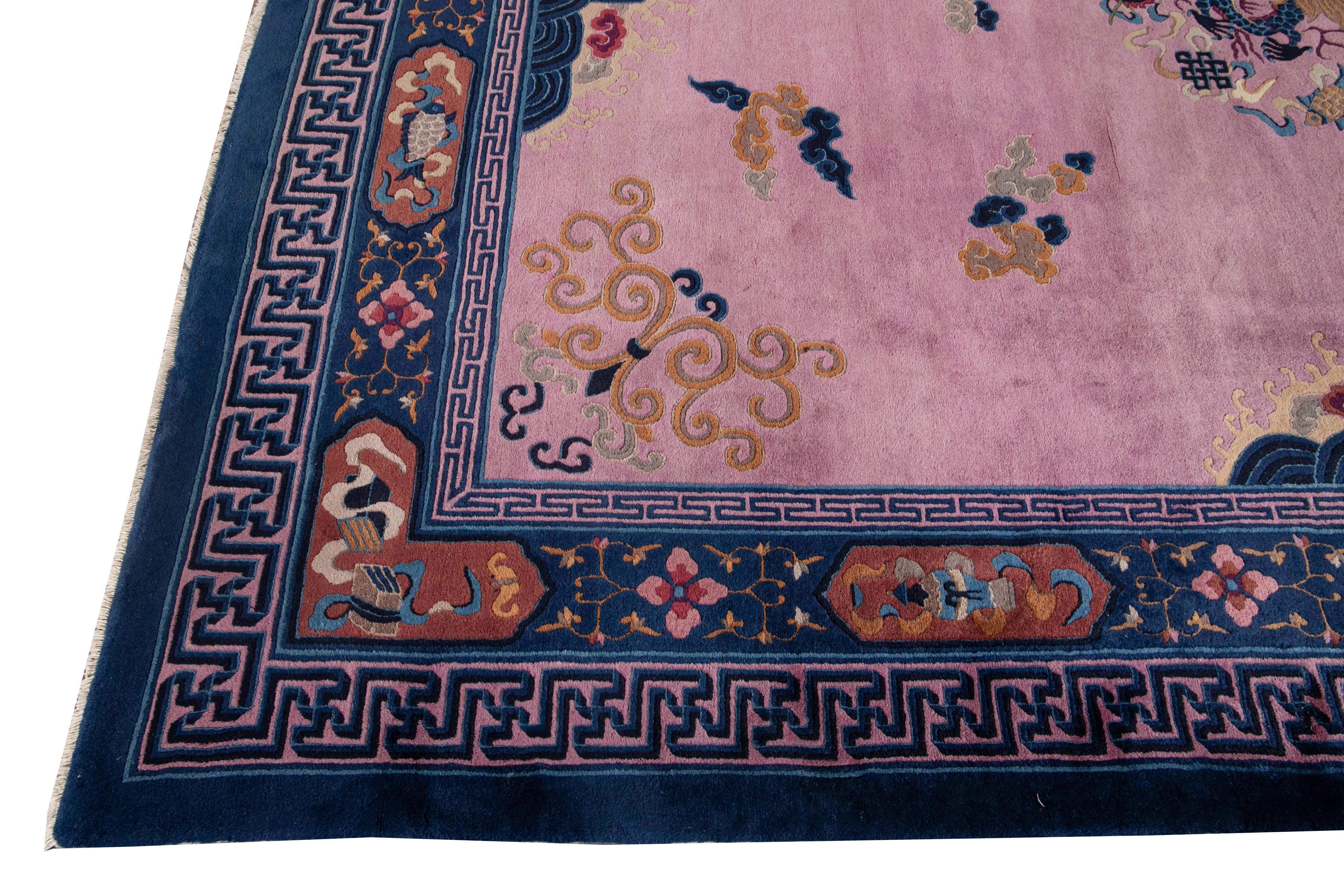 Chinese Purple Antique Unique Beijing Dragon Handmade Wool Rug For Sale