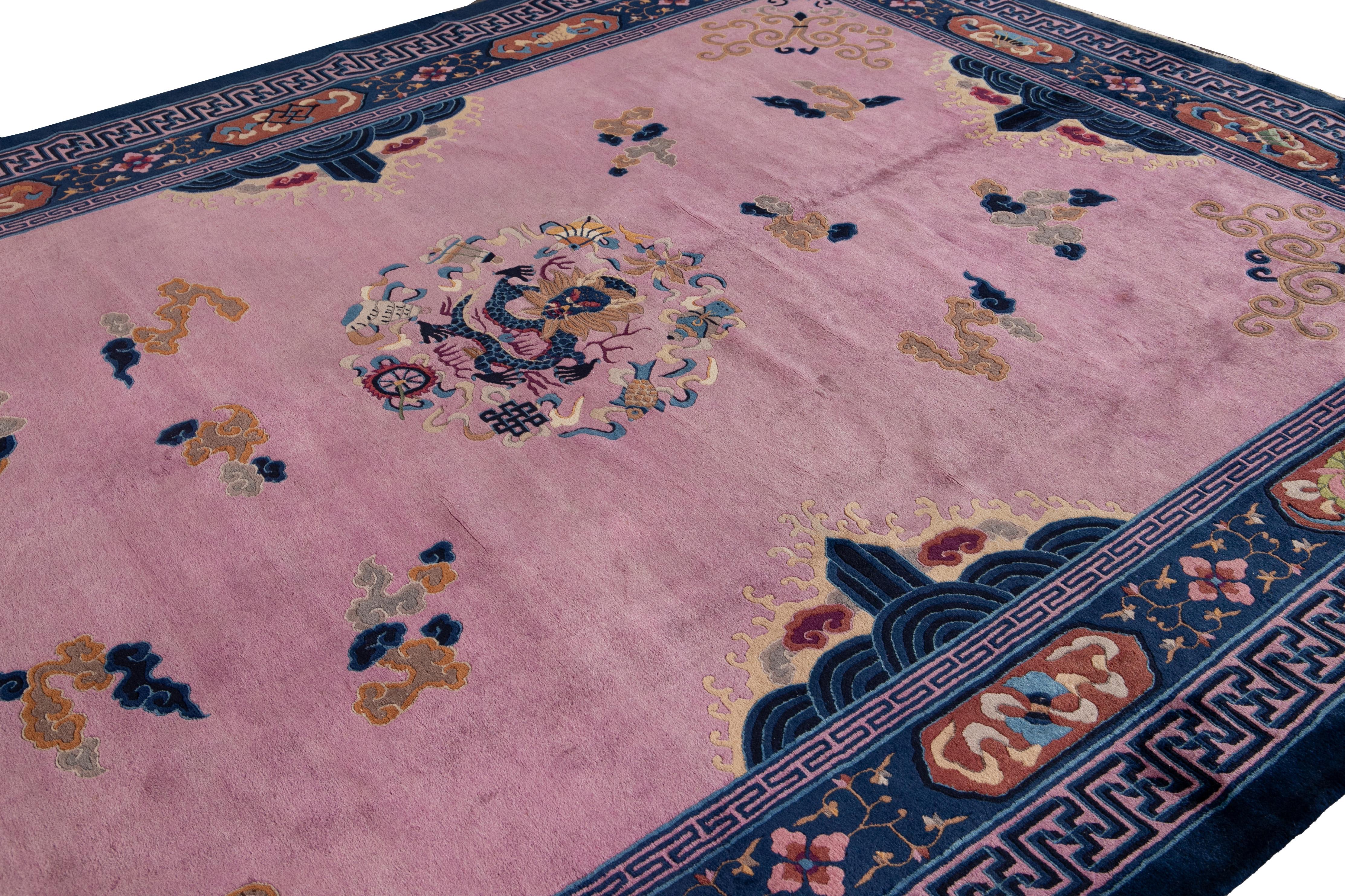 Purple Antique Unique Beijing Dragon Handmade Wool Rug In Good Condition For Sale In Norwalk, CT