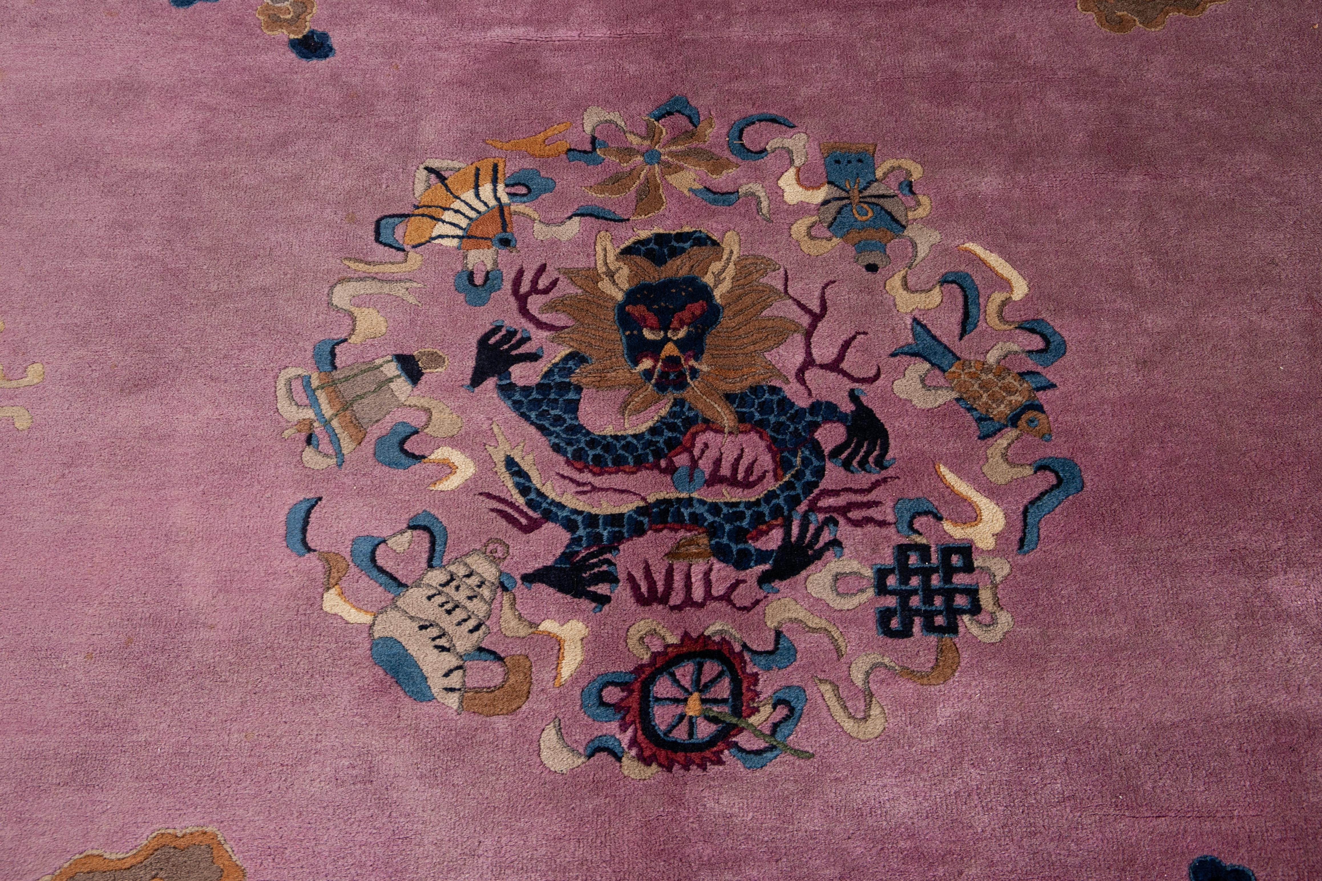 20th Century Purple Antique Unique Beijing Dragon Handmade Wool Rug For Sale