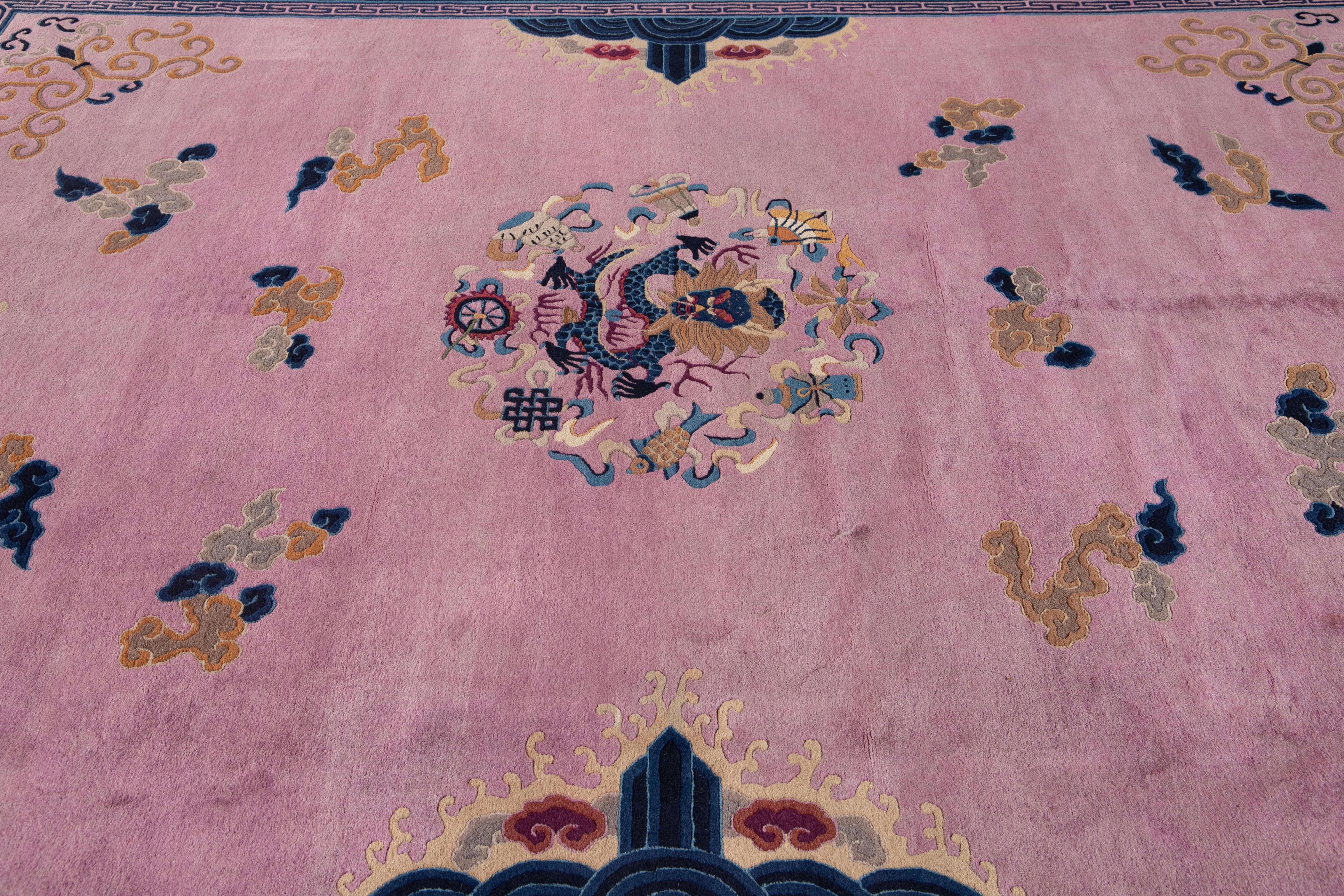 Purple Antique Unique Beijing Dragon Handmade Wool Rug For Sale 2