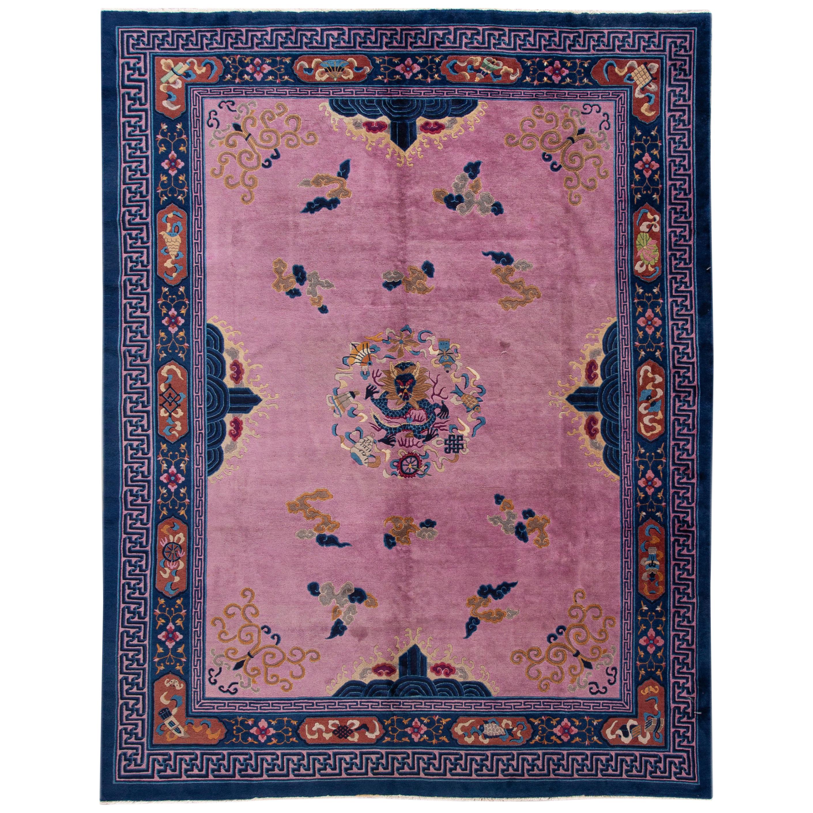 Purple Antique Unique Beijing Dragon Handmade Wool Rug For Sale