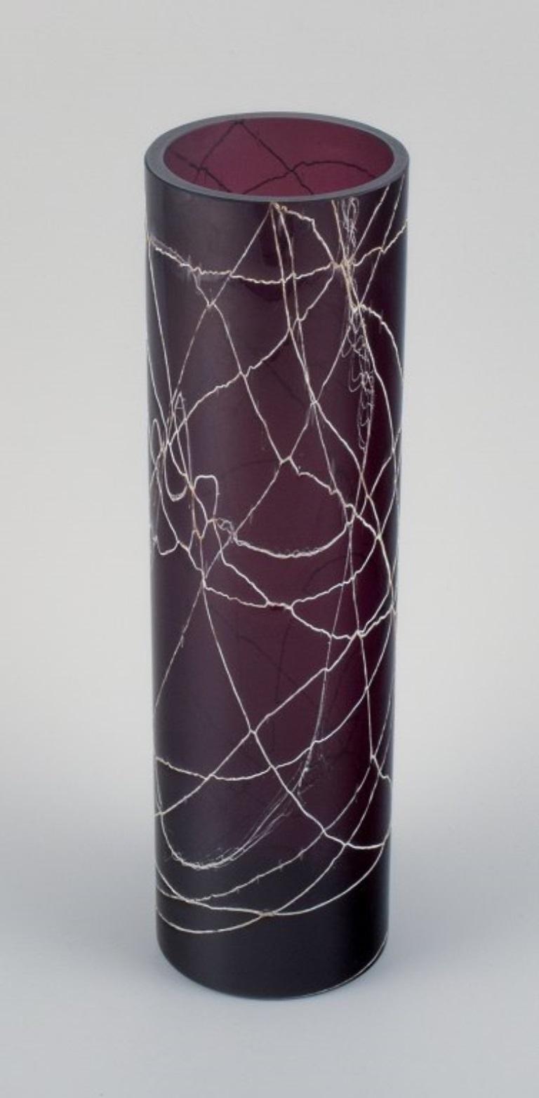 Purple Art Glass Vase Decorated with Silvery Threads, Mid-20th C For Sale 1
