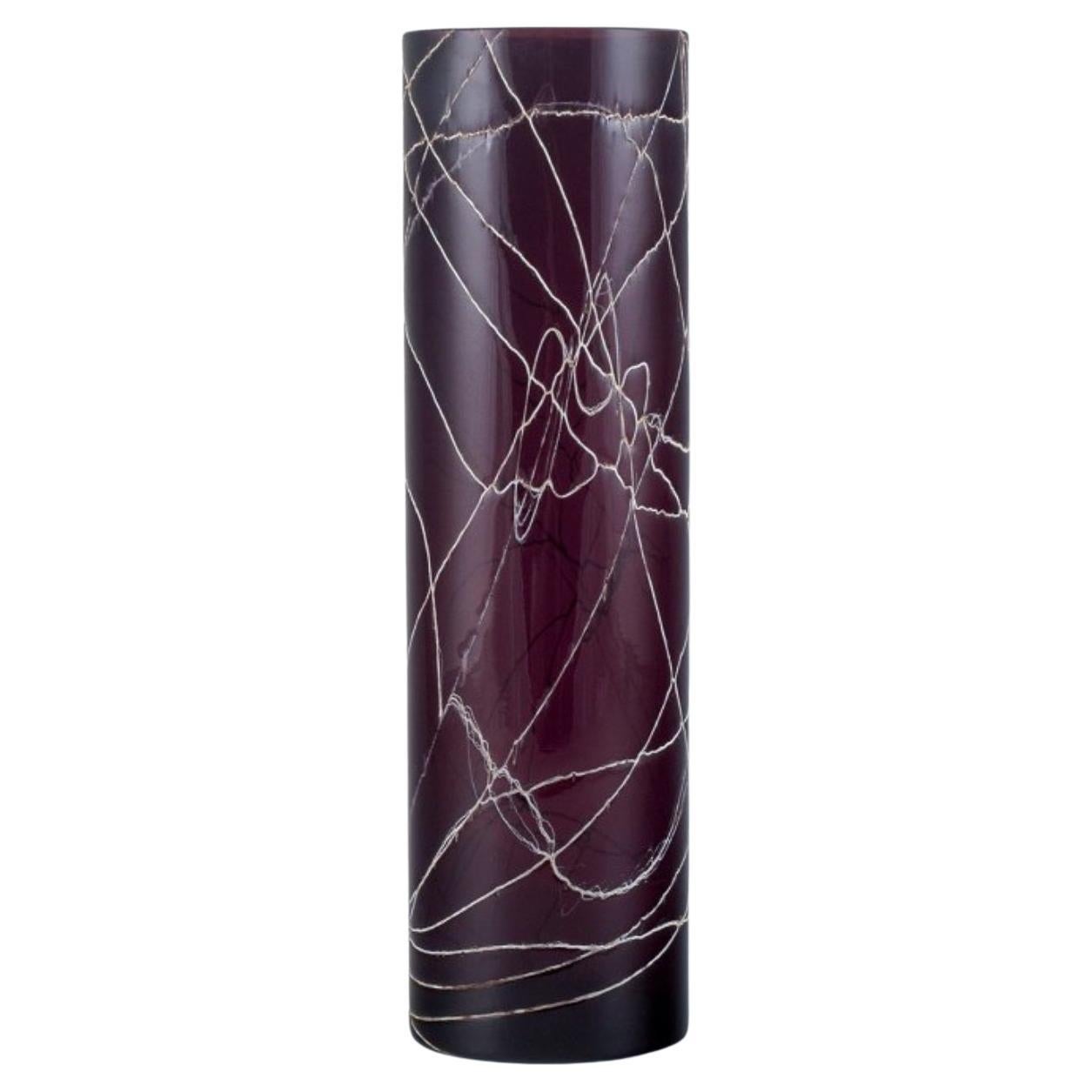 Purple Art Glass Vase Decorated with Silvery Threads, Mid-20th C For Sale