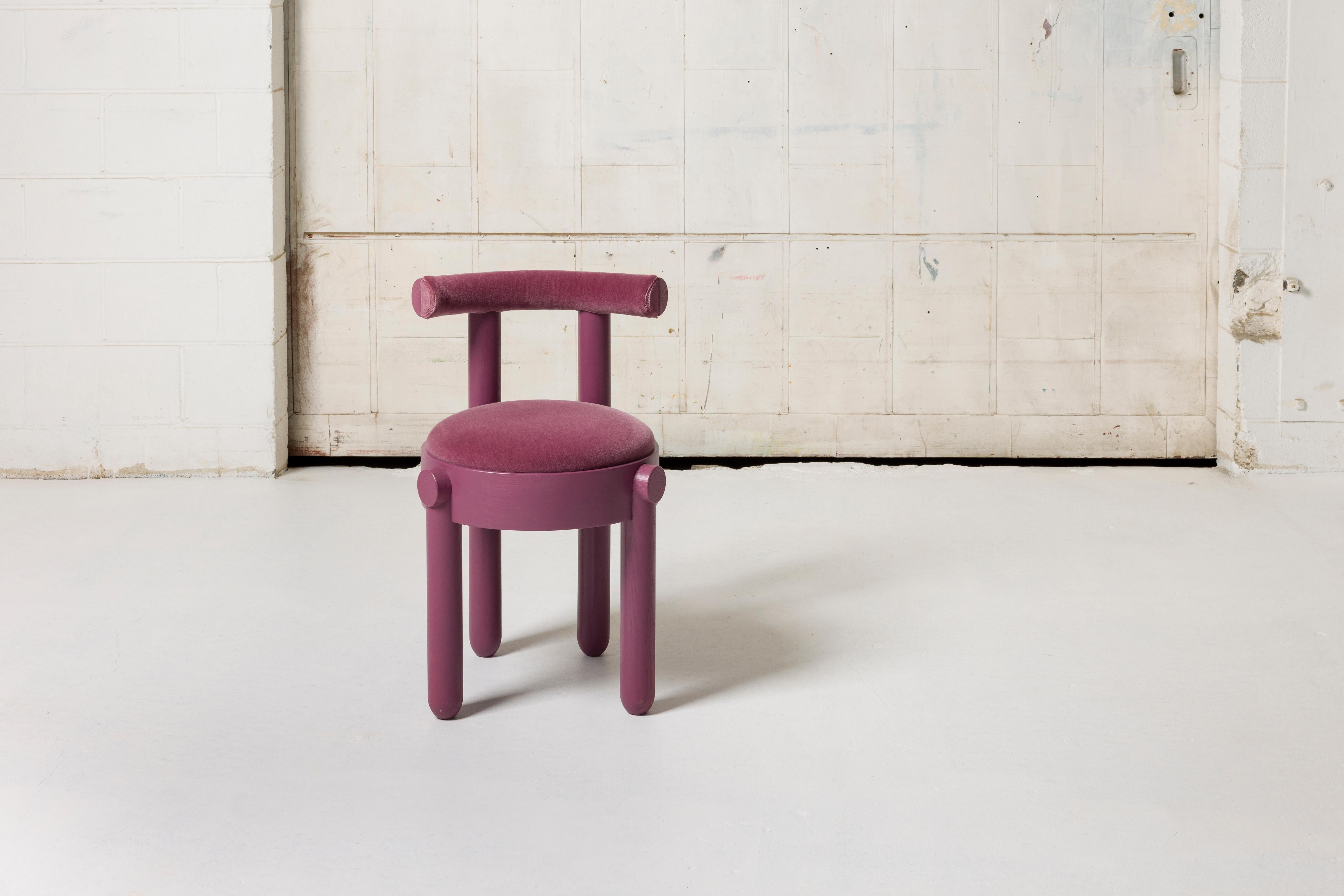 Purple Ash Upholstered Back Dining Chair by BNF Studio
Dimensions: W 19 x D 21 in, Seating height: 19”. 
Materials: Ash, Mohair velvet. 
Finishes and Colors: White, Black, Green, Pink, Purple, Custom, Natural finish.
Based in, produced and shipped