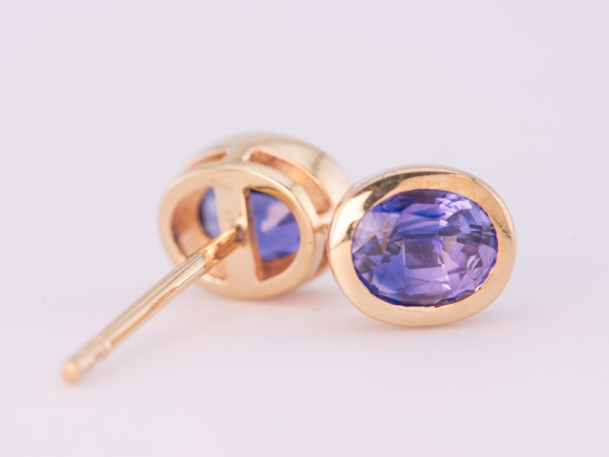 Purple Bi-Color Sapphire Bezel Set Ear Studs 14K Gold Rainbow Collection For Sale 1