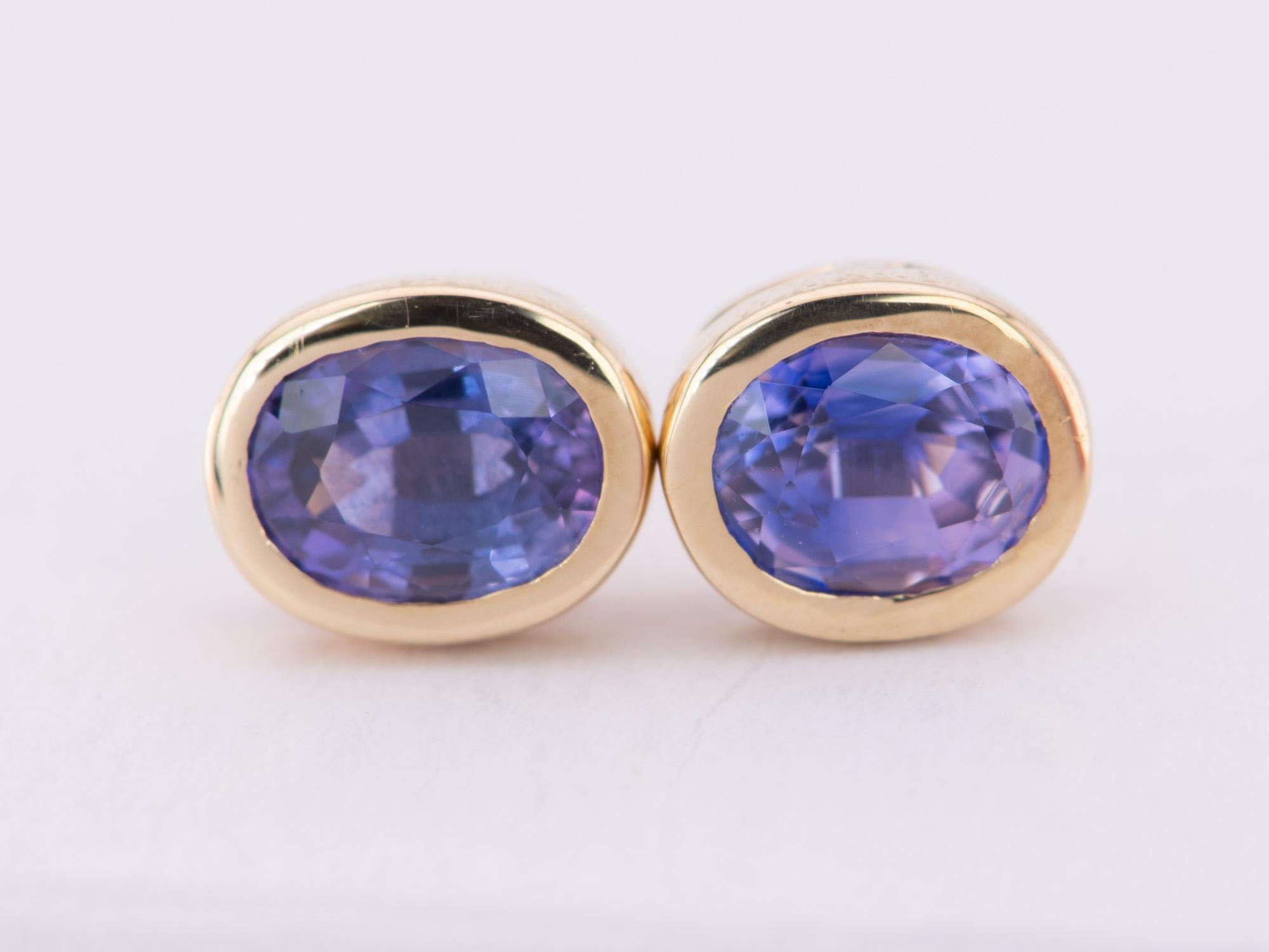 Purple Bi-Color Sapphire Bezel Set Ear Studs 14K Gold Rainbow Collection For Sale 2