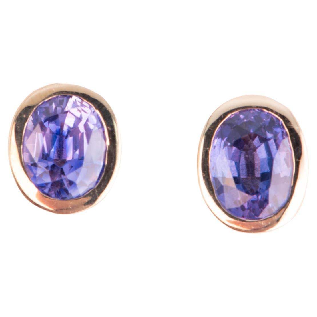 Purple Bi-Color Sapphire Bezel Set Ear Studs 14K Gold Rainbow Collection For Sale