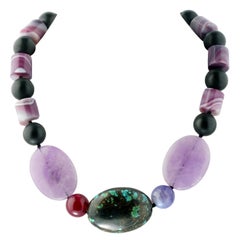 Purple Black Agate Turquoise Amethyst Silver Beaded Boho Necklace Intini Jewels