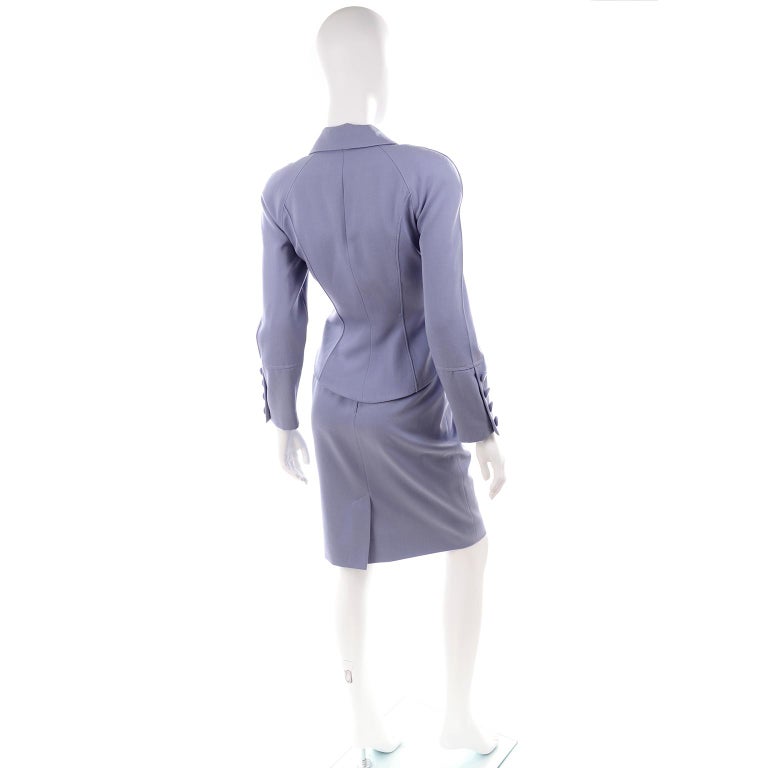 Gray Albert Nipon Vintage Periwinkle Skirt & Jacket Suit With Dramatic Collar Lapel For Sale