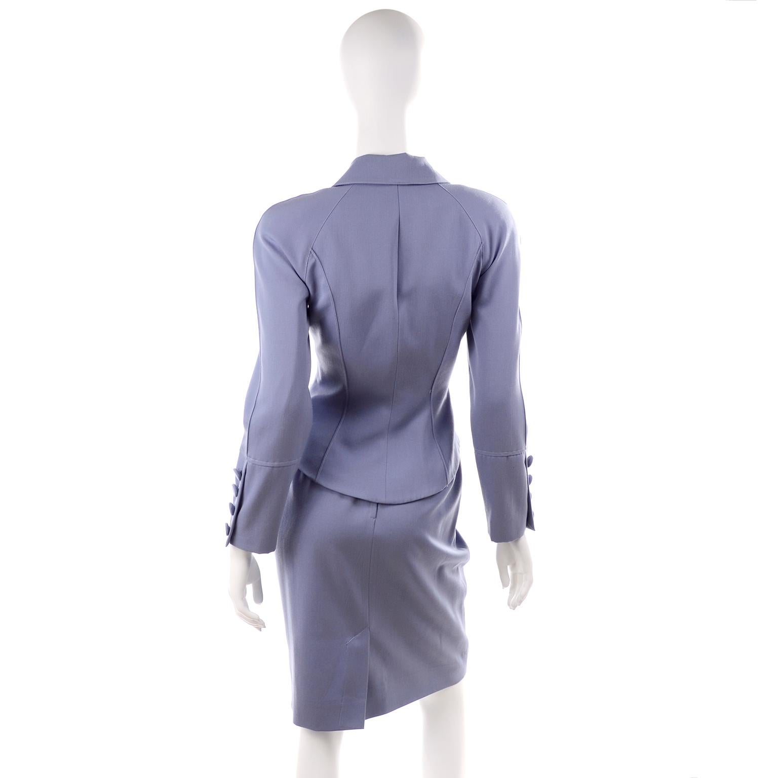 Gray Albert Nipon Vintage Periwinkle Skirt & Jacket Suit With Dramatic Collar Lapel