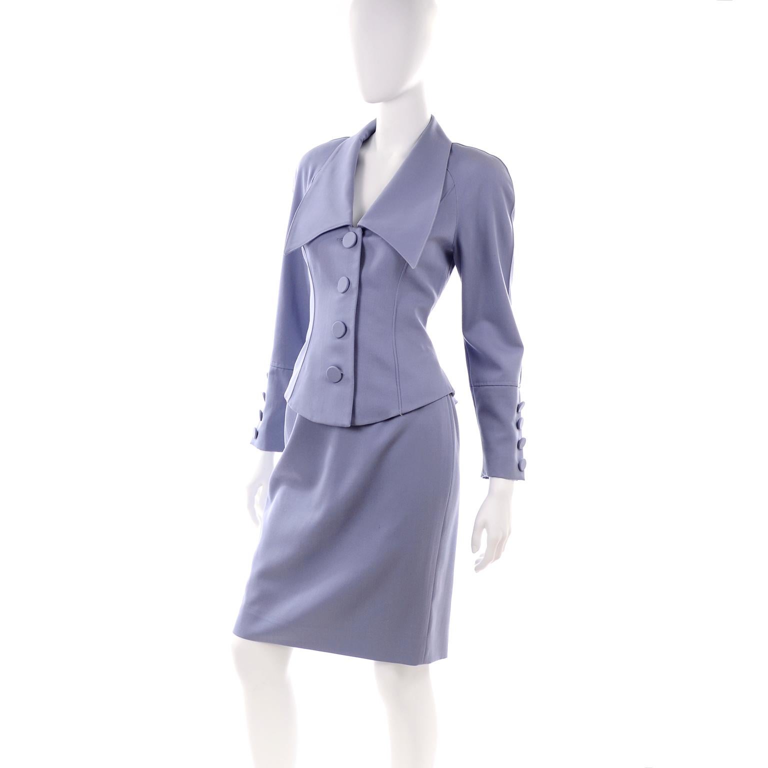 Albert Nipon Vintage Periwinkle Skirt & Jacket Suit With Dramatic Collar Lapel In Excellent Condition In Portland, OR