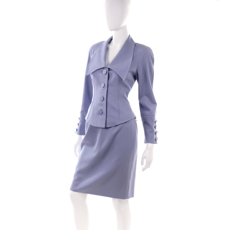 Albert Nipon Vintage Periwinkle Skirt & Jacket Suit With Dramatic Collar Lapel For Sale 2