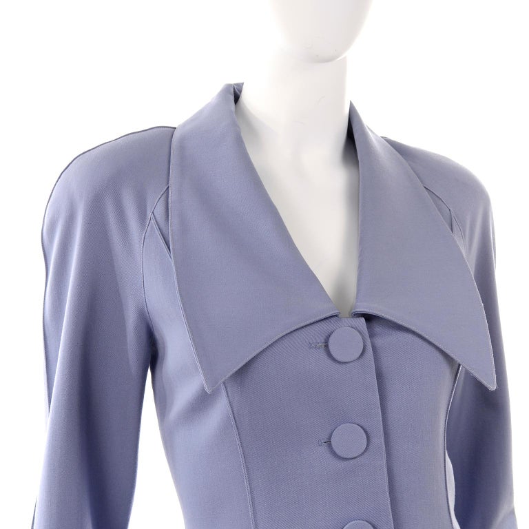Albert Nipon Vintage Periwinkle Skirt & Jacket Suit With Dramatic Collar Lapel For Sale 3