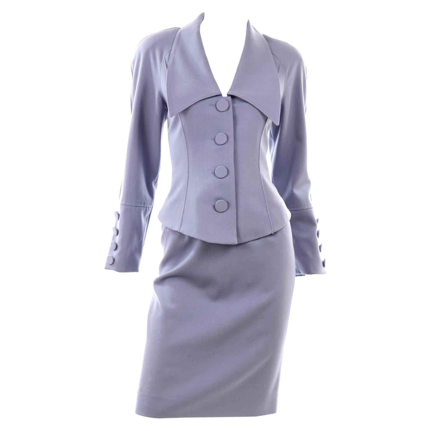 Louis Feraud Vintage Grey Wool Skirt Blazer Suit With Lace Applique For  Sale at 1stDibs