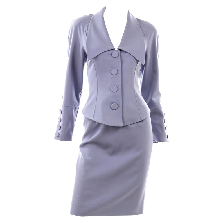 Albert Nipon Vintage Periwinkle Skirt & Jacket Suit With Dramatic Collar Lapel For Sale