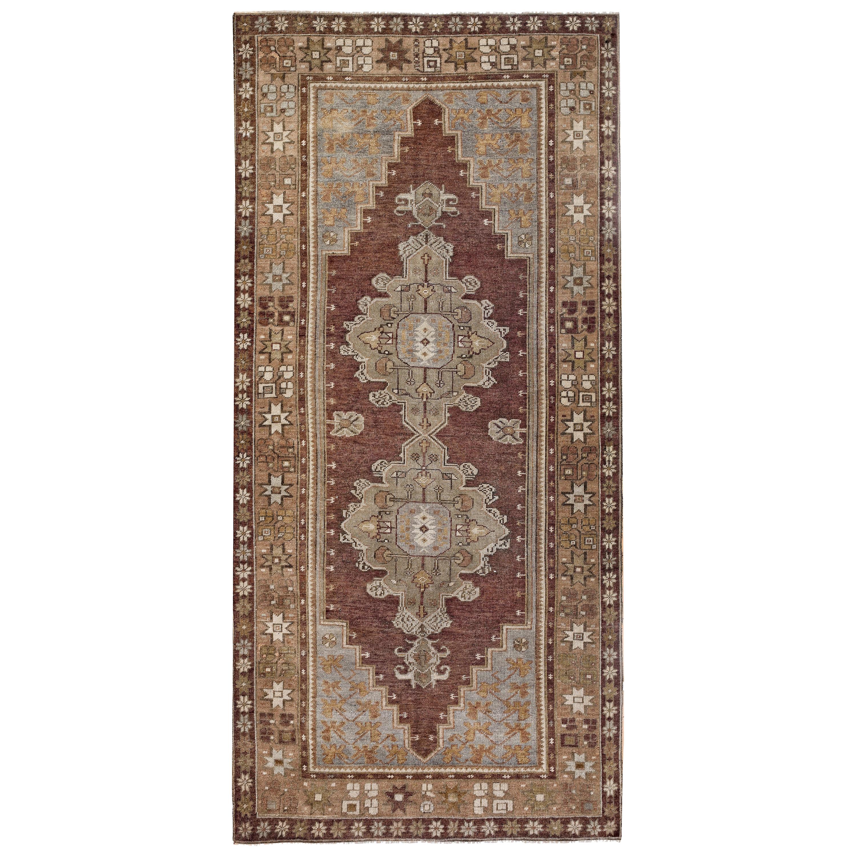 Purple, Brown and Beige Handmade Wool Turkish Old Anatolian Konya Distressed Rug For Sale