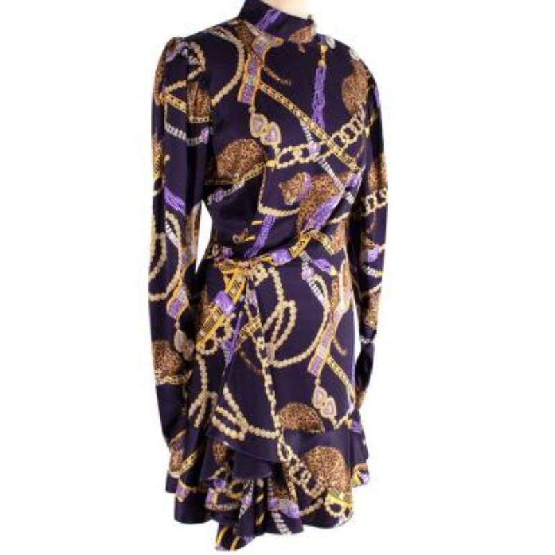 Alessandra Rich purple chains print silk cocktail dress
 
 
 
 - Fluid silk satin with chains print reminiscent of vintage scarf designs
 
 - Mock neck, with 3 crystal buttons on the shoulder 
 
 - Tailored shape, with a short flounce-hem skirt and