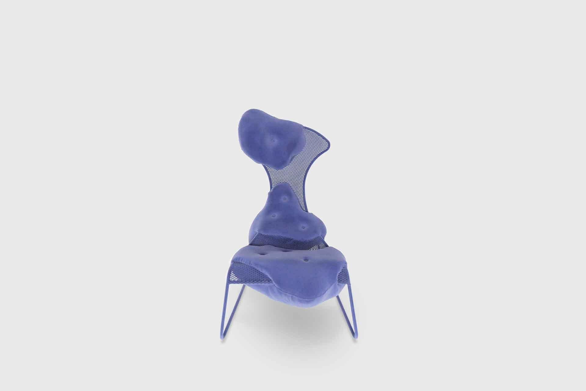 Chair model “Hi!breed”
From “Hi!breed” series 
Manufactured by Charlotte Kingsnorth 
Exclusively for Side Gallery
UK, 2022 
Old metal tubular and mesh Ikea chair frame, enveloped sculpted foam, flock finish

The Hi!breed collection explores
