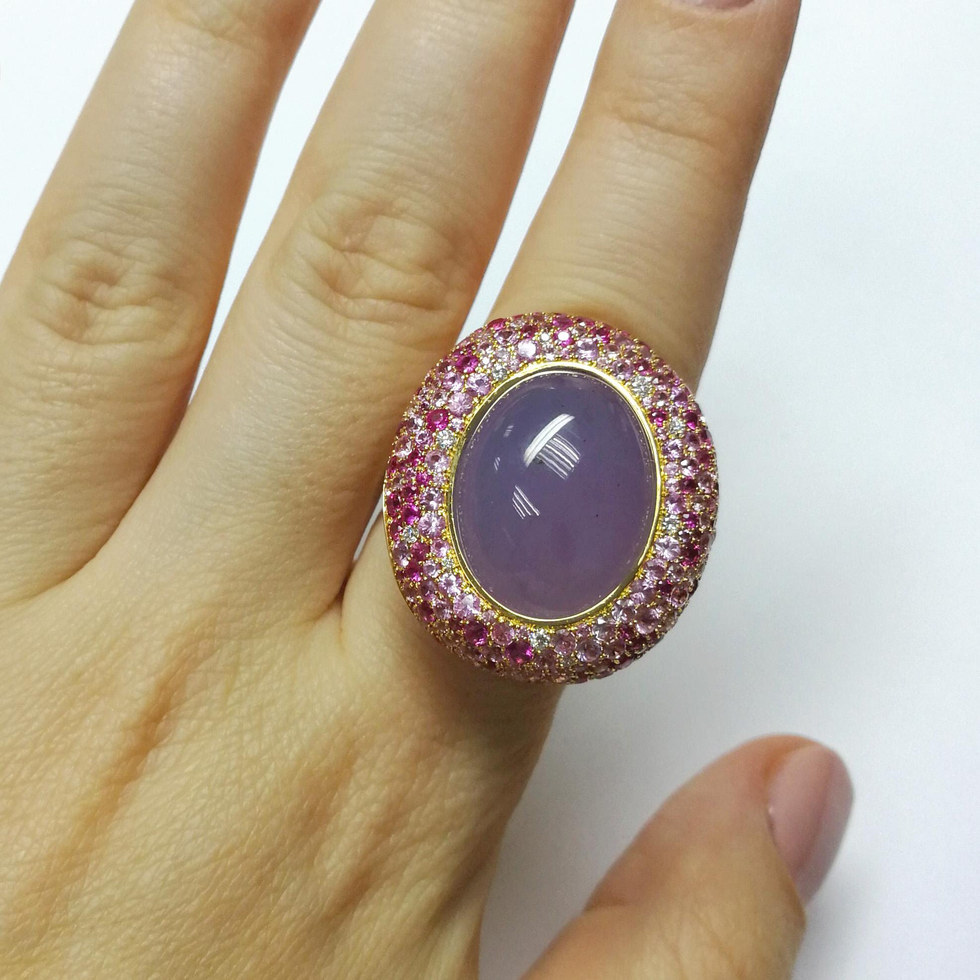 Purple Chalcedony 16.30 Carat Pink Sapphire Diamonds 18 Karat Yellow Gold Ring For Sale 3