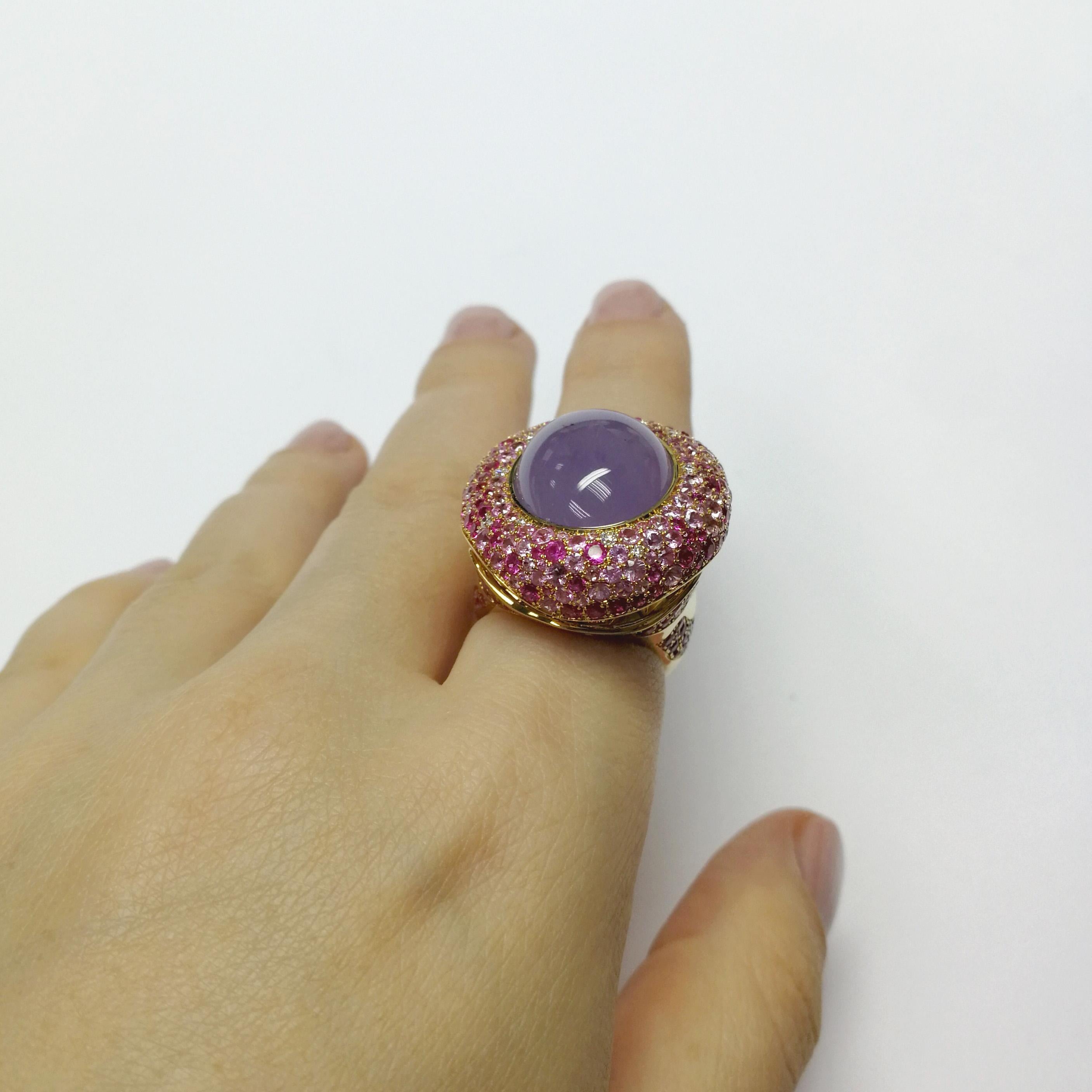 Purple Chalcedony 16.30 Carat Pink Sapphire Diamonds 18 Karat Yellow Gold Ring For Sale 5