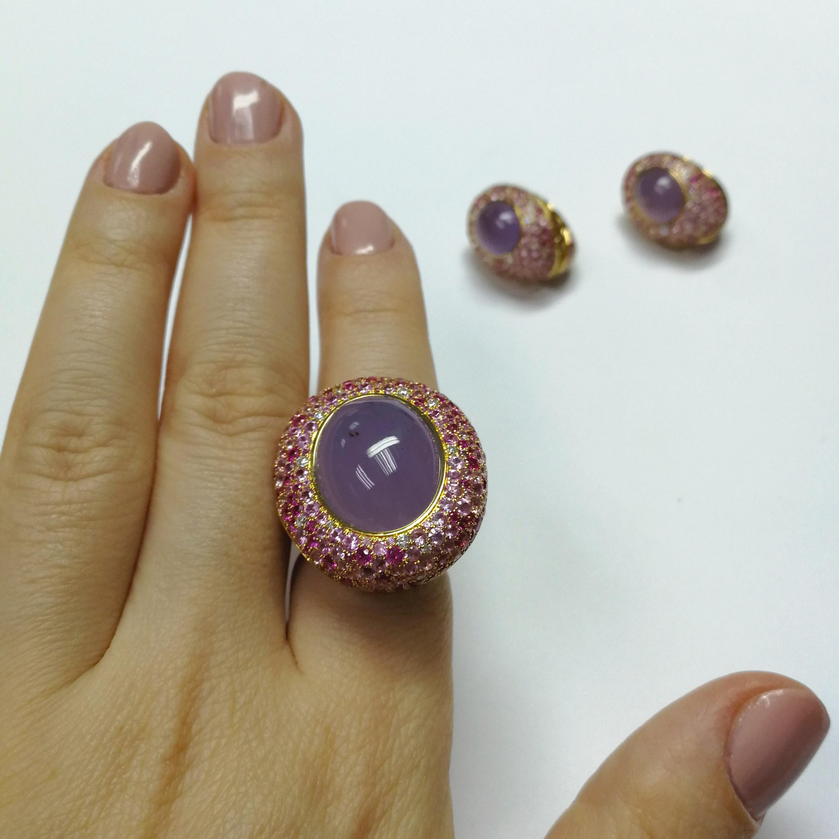 Purple Chalcedony 16.30 Carat Pink Sapphire Diamonds 18 Karat Yellow Gold Ring For Sale 6
