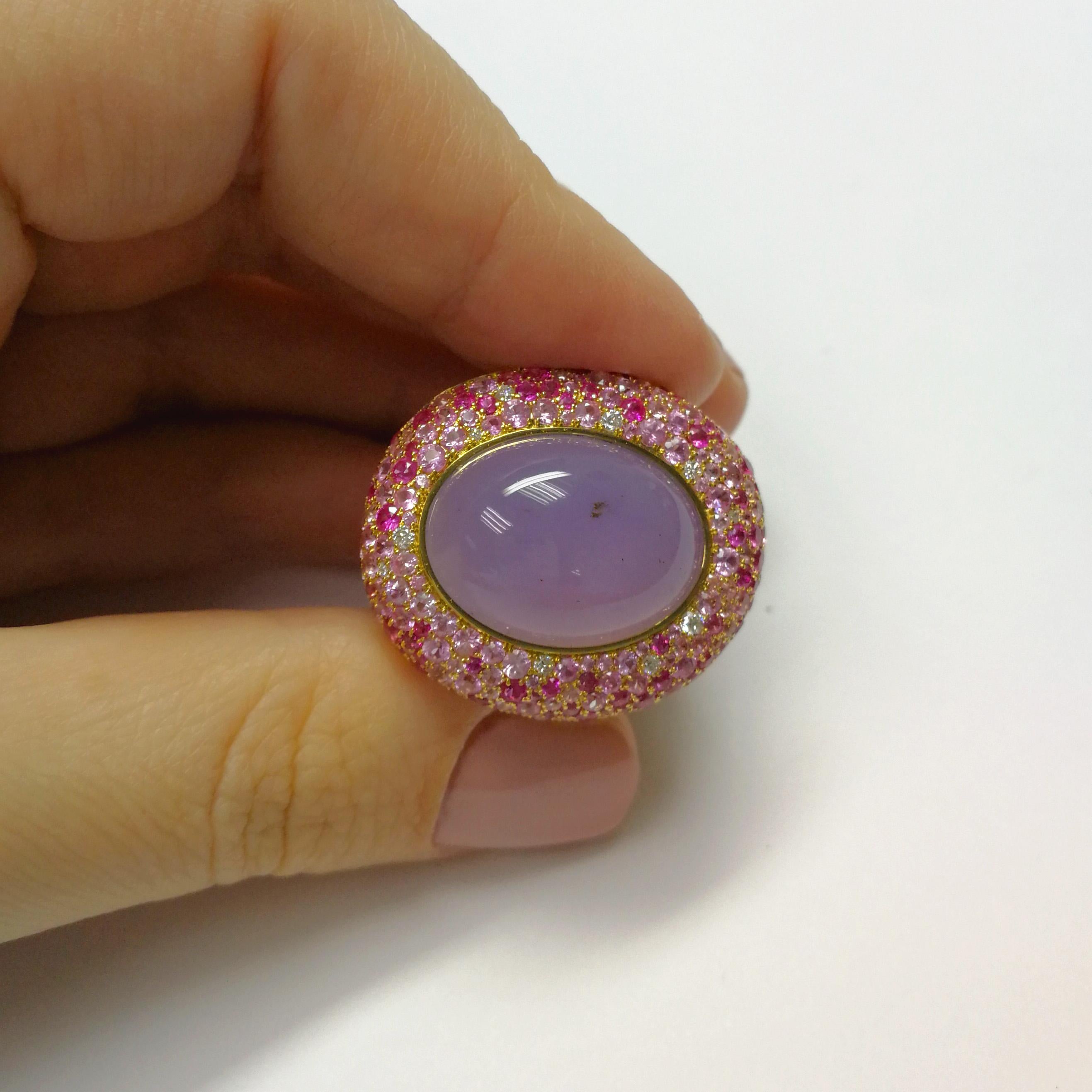 Purple Chalcedony 16.30 Carat Pink Sapphire Diamonds 18 Karat Yellow Gold Ring For Sale 2