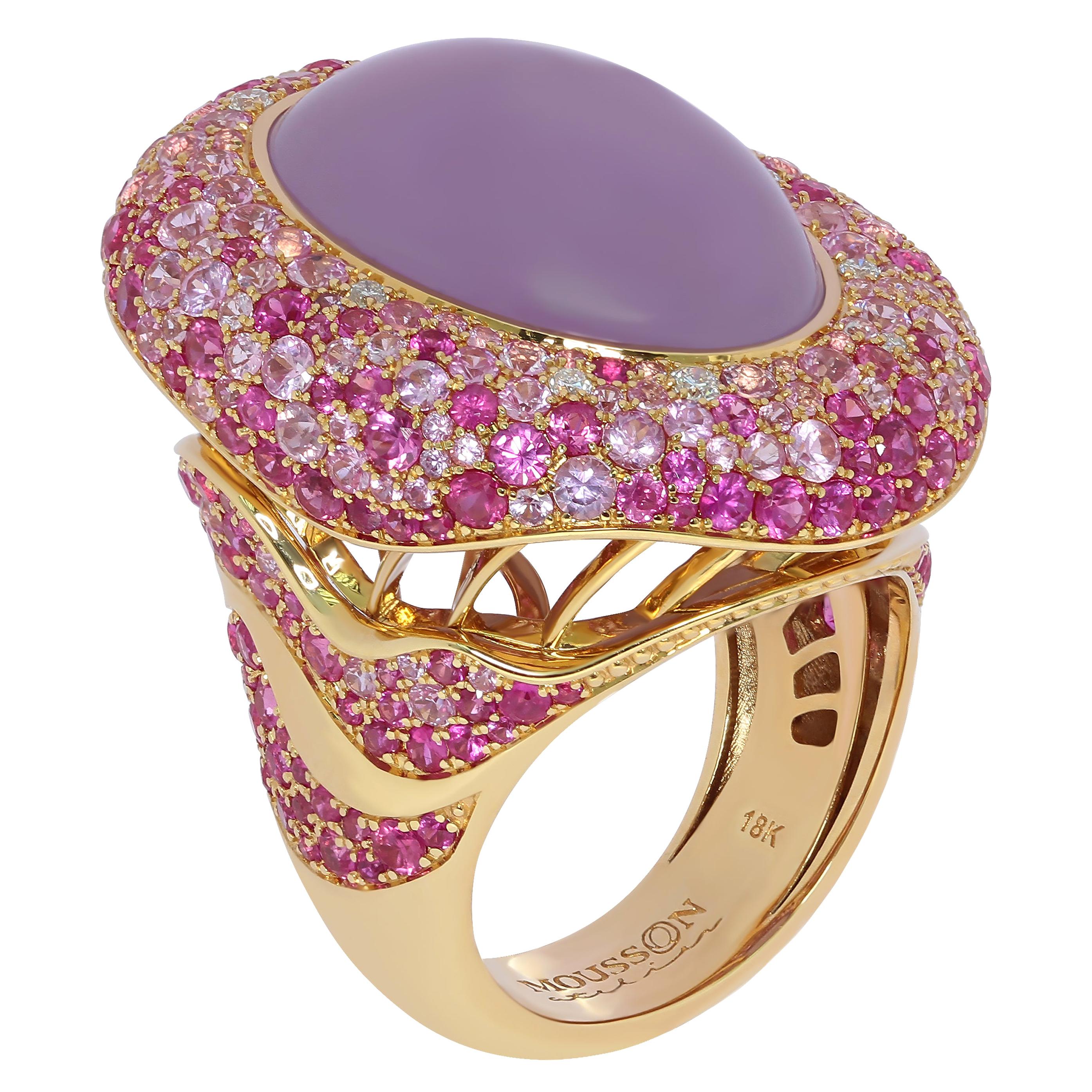 Bague en or jaune 18 carats avec calcédoine violette, saphir rose de 16,30 carats et diamants