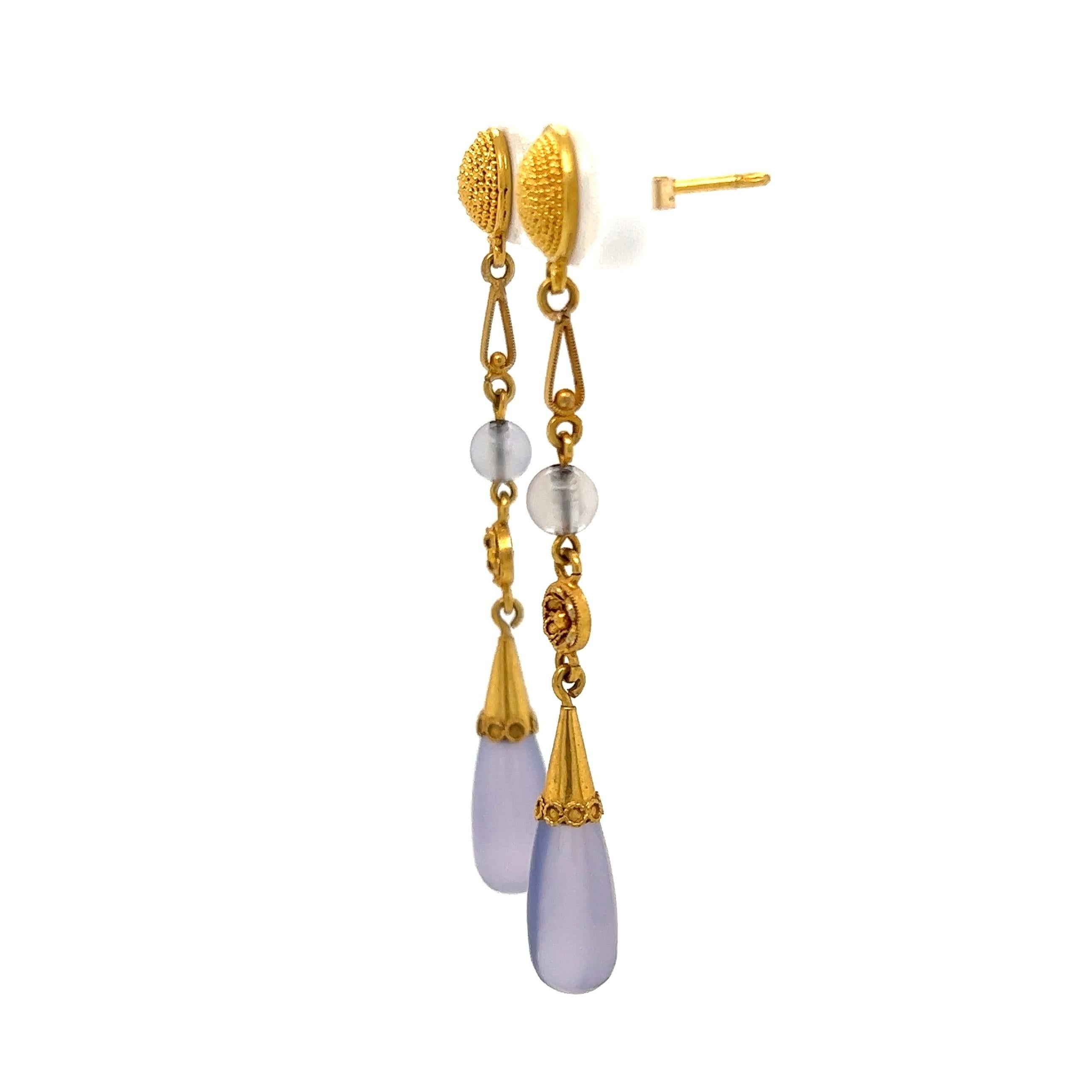 Women's Purple Chalcedony Etruscan Revival Gold Drop Earrings For Sale