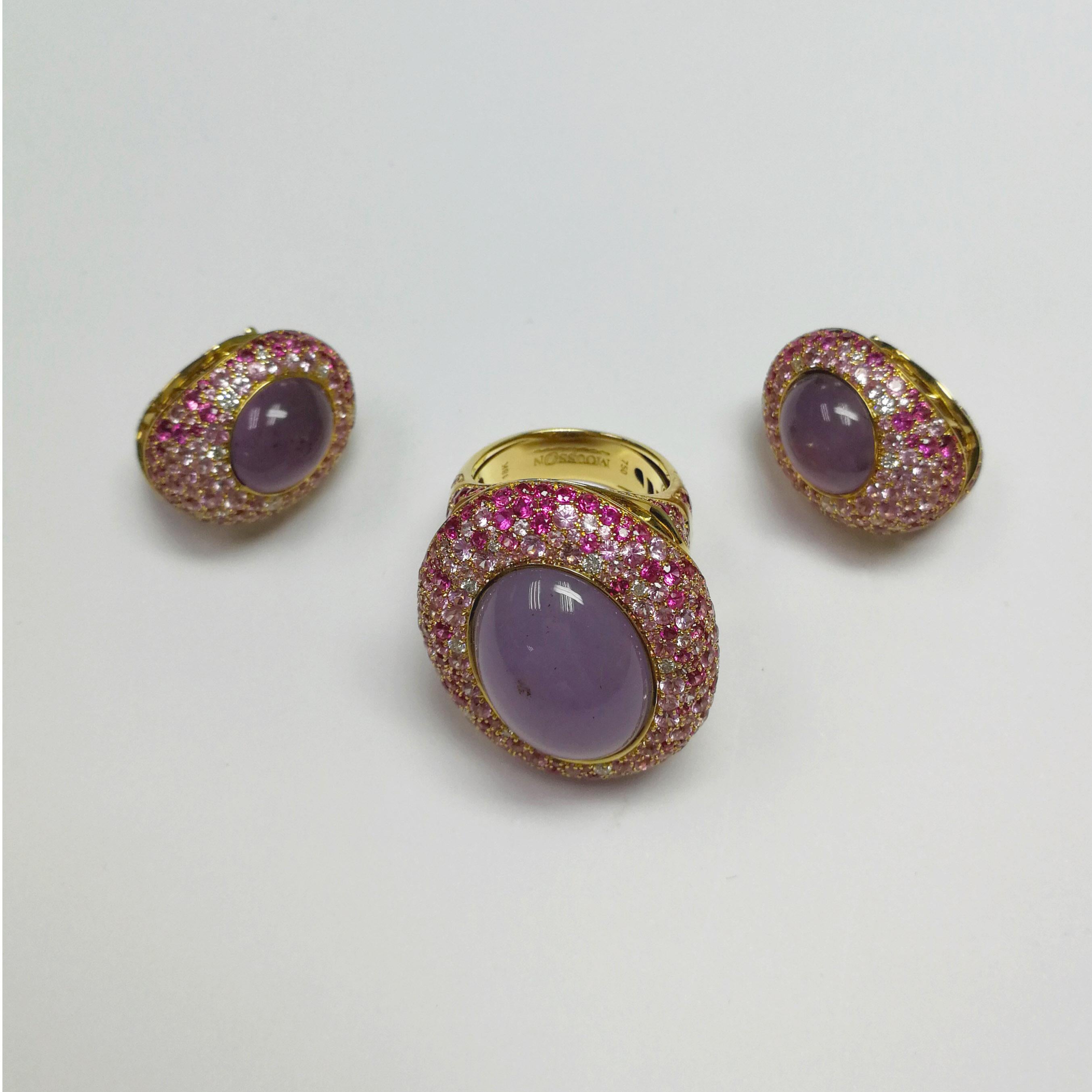 Suite en or jaune 18 carats avec calcédoine violette, saphirs roses et diamants Neuf - En vente à Bangkok, TH