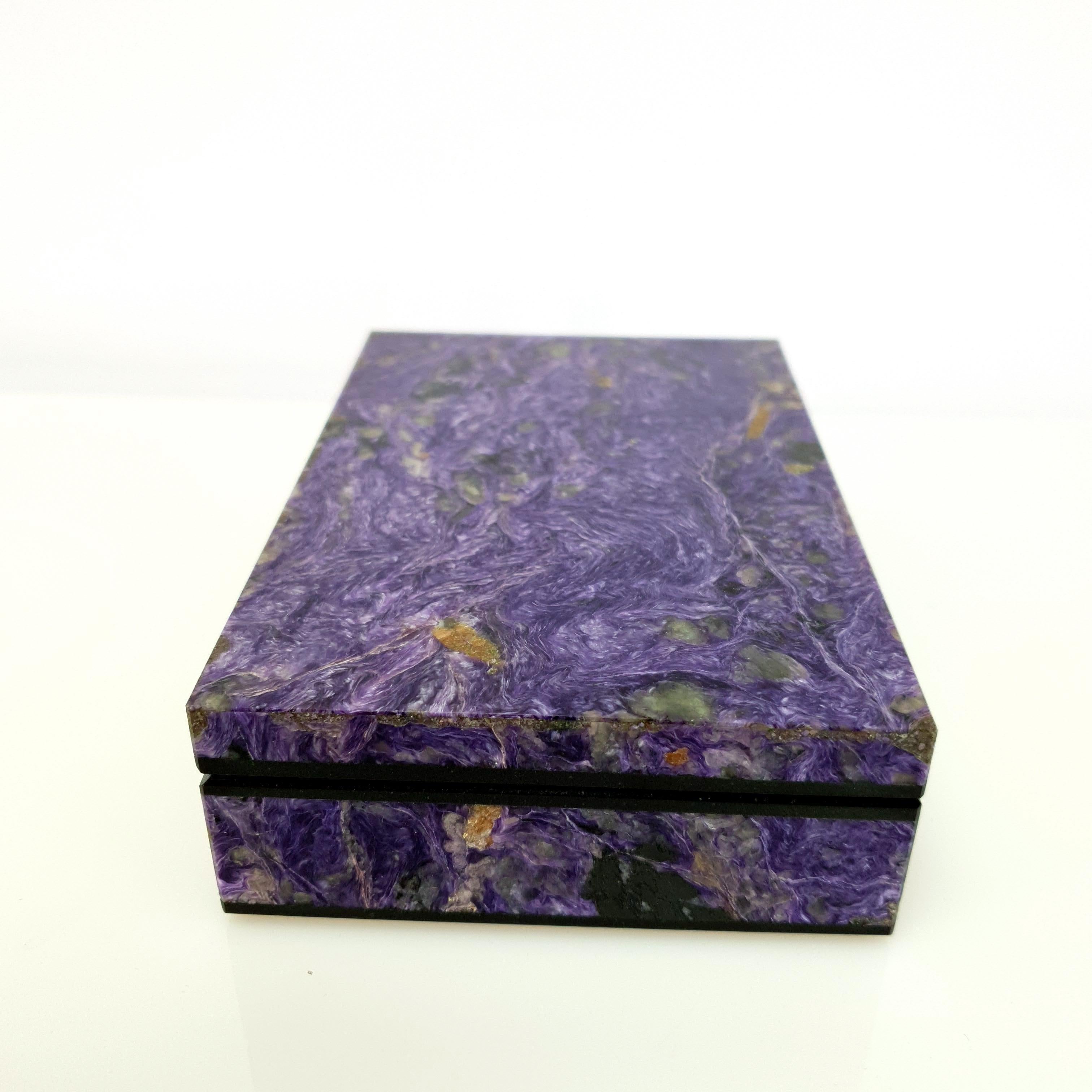 Women's or Men's Purple Charoite Decorative Jewelry Gemstone Box with Black Marble Inlay For Sale